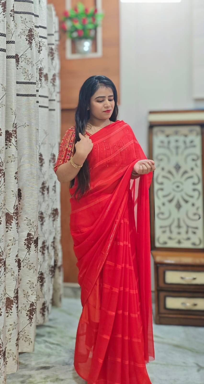     			ANAND SAREES Georgette Embellished Ilkal Saree With Unstitched Blouse Piece ( Red )