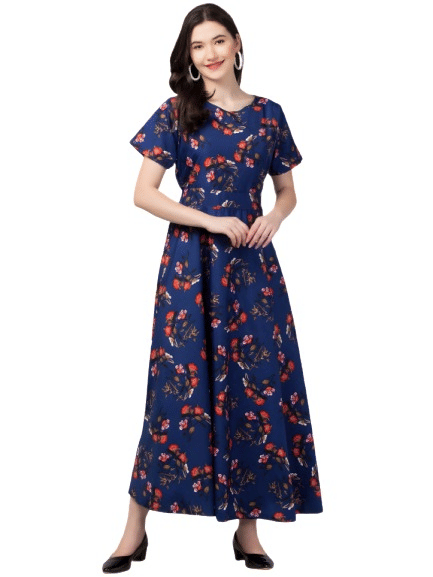 ATIMUNA Women Cotton Blend Printed A-line Dress ( Blue ) ATIMUNA Women Cotton Blend Printed A-line Dress ( Blue )