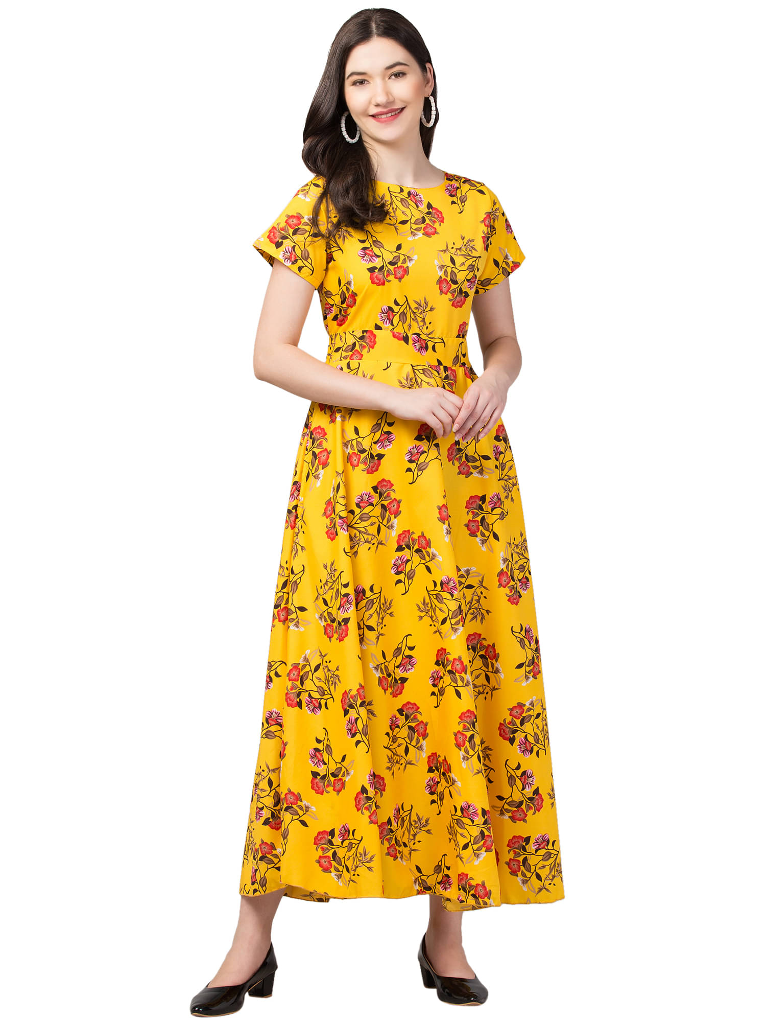 ATIMUNA Women Cotton Blend Printed A-line Dress ( Yellow )     			ATIMUNA Women Cotton Blend Printed A-line Dress ( Yellow )