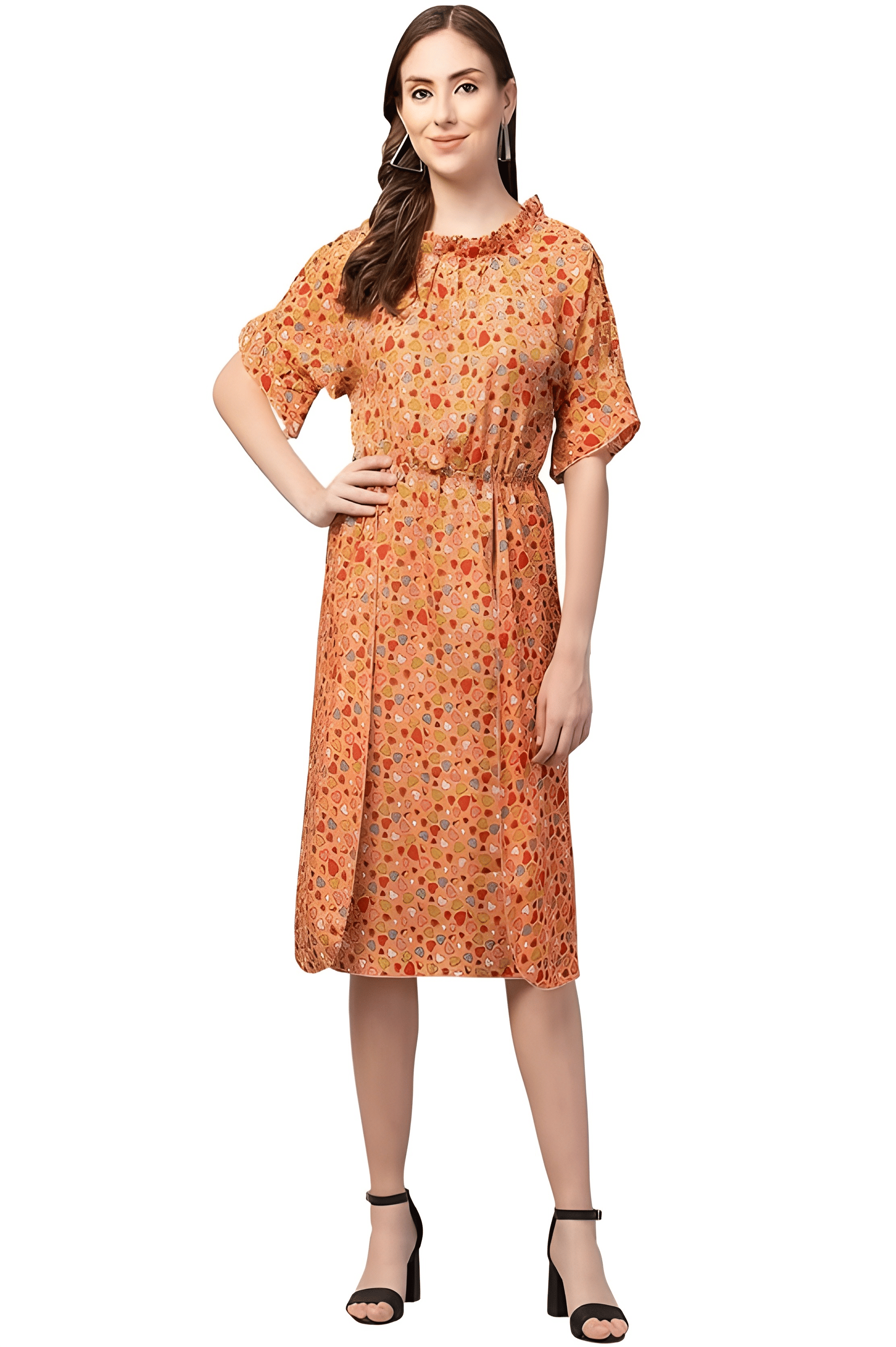     			ATIMUNA Women Polyester Blend Printed Fit & Flare Dress ( Orange )