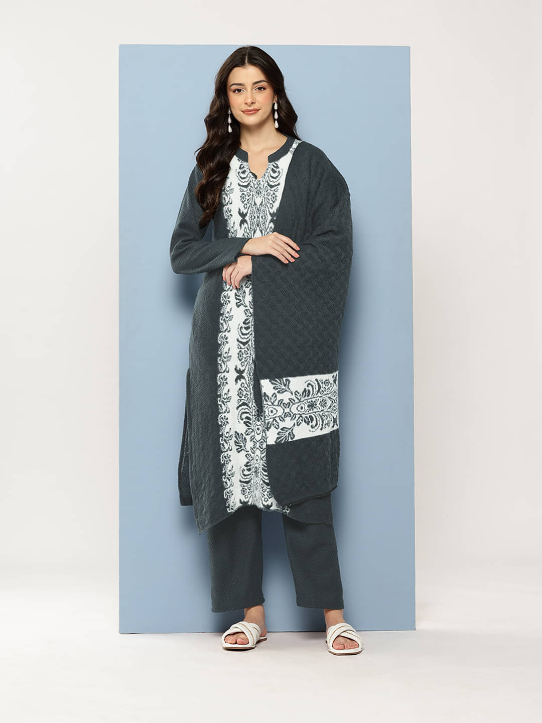     			Aarika Women Woollen Self Design Straight Kurti With Pants ( Grey )