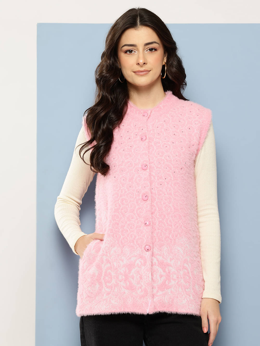 Aarika Woollen Round Neck Women's Buttoned Cardigans - Pink ( Pack of 1 ) Aarika Woollen Round Neck Women's Buttoned Cardigans - Pink ( Pack of 1 )