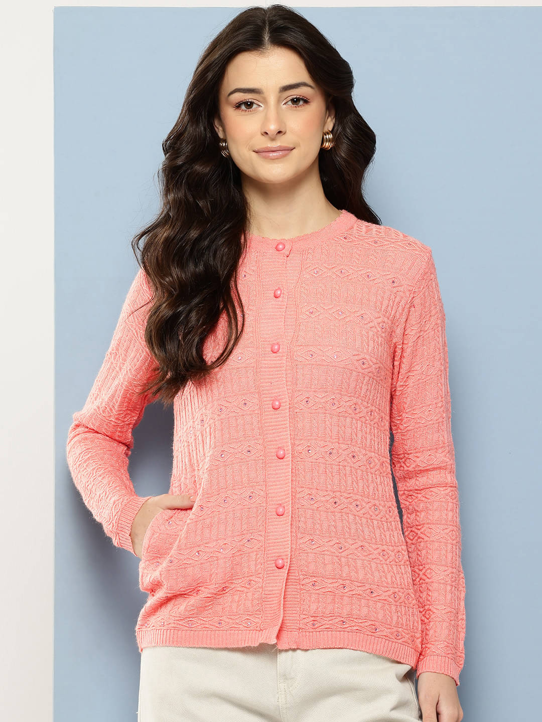     			Aarika Woollen Round Neck Women's Buttoned Cardigans - Peach ( Pack of 1 )