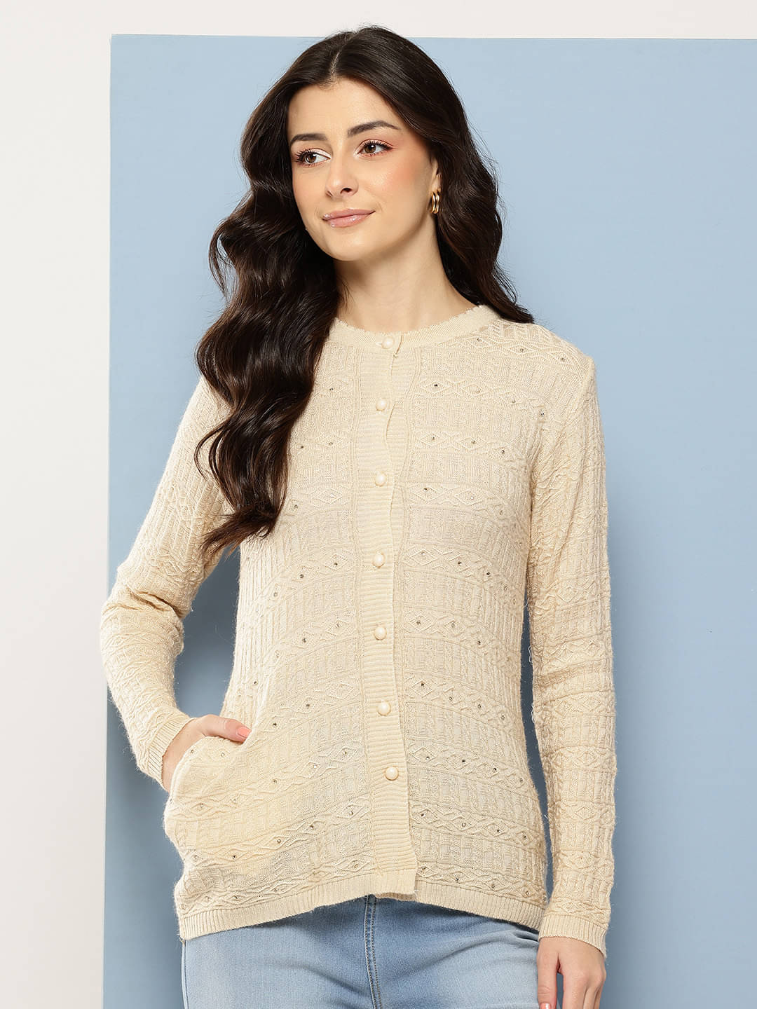     			Aarika Woollen Round Neck Women's Buttoned Cardigans - Off White ( Pack of 1 )