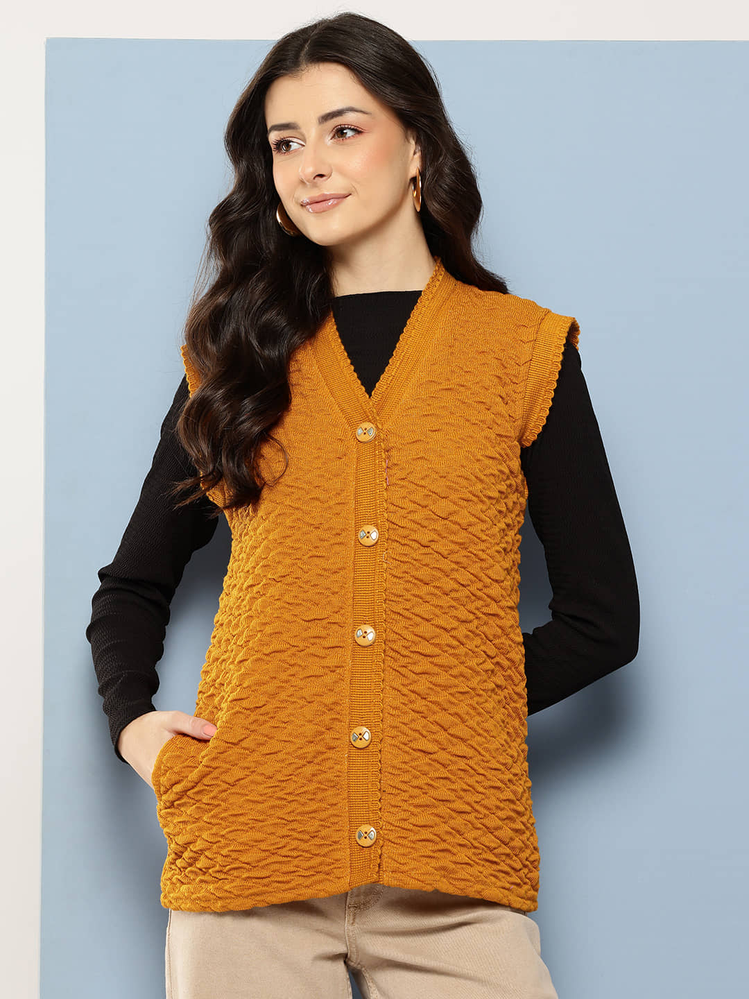Aarika Women Woollen V-Neck Cardigan ( Yellow )