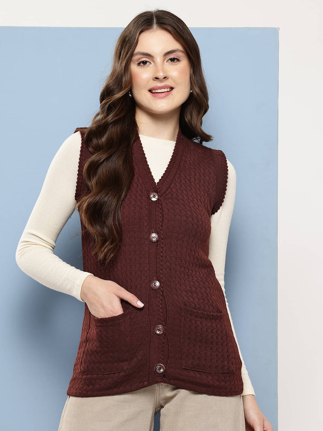     			Aarika Woollen V Neck Women's Buttoned Cardigans - Brown ( Pack of 1 )