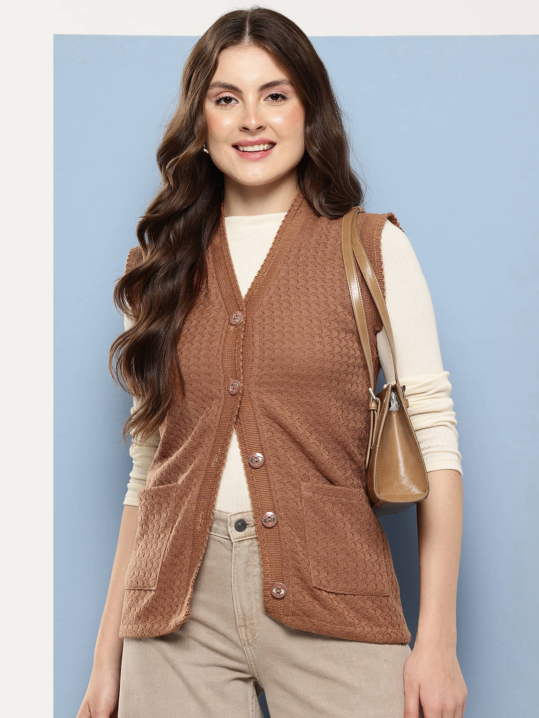 Aarika Women Woollen V-Neck Cardigan ( Brown )     			Aarika Women Woollen V-Neck Cardigan ( Brown )