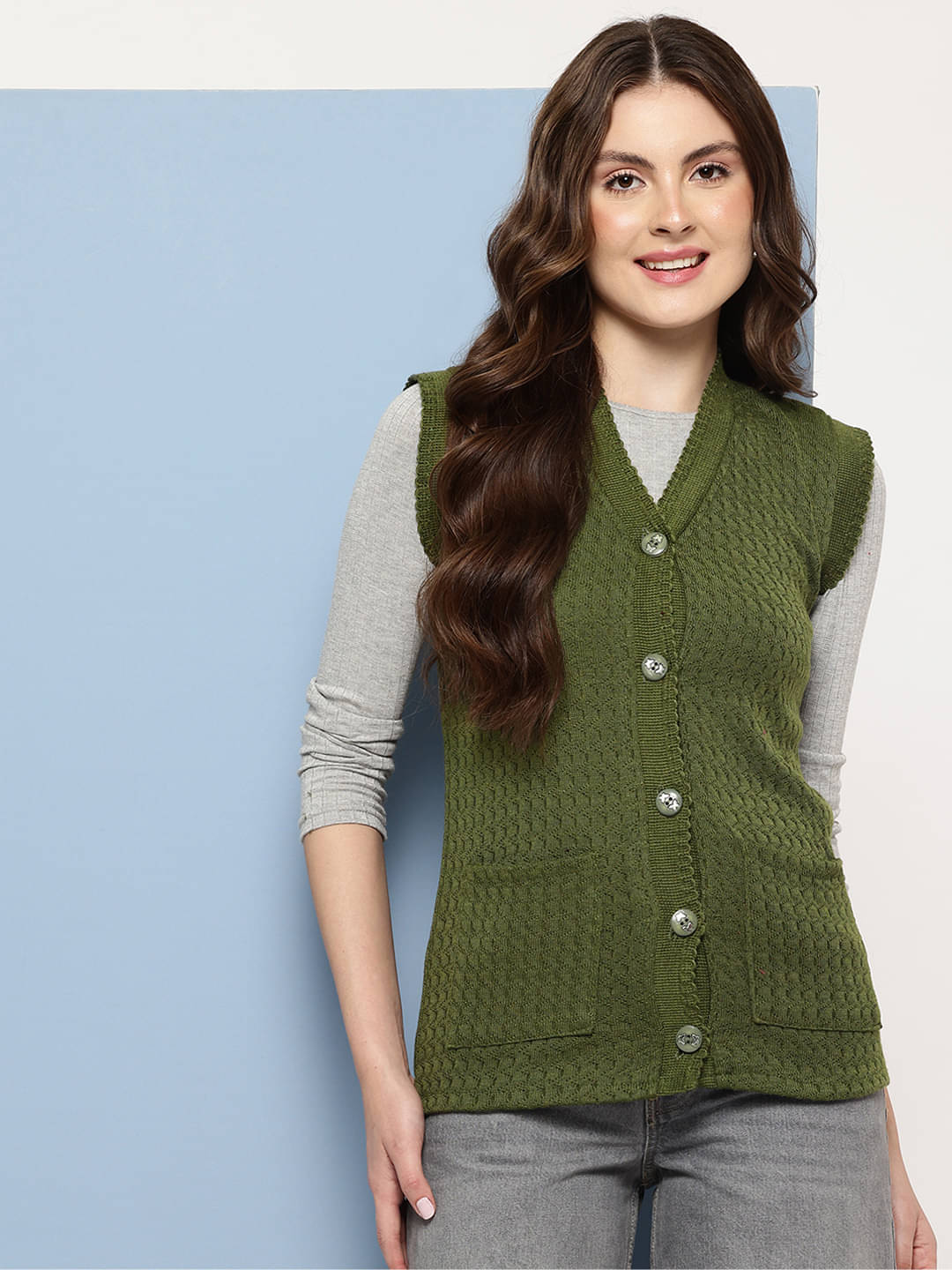 Aarika Women Woollen V-Neck Cardigan ( Green )     			Aarika Women Woollen V-Neck Cardigan ( Green )