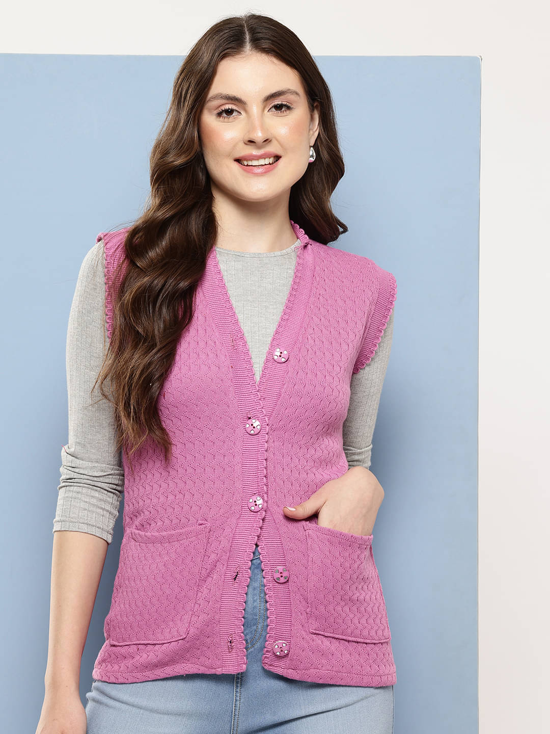     			Aarika Woollen V Neck Women's Buttoned Cardigans - Pink ( Pack of 1 )