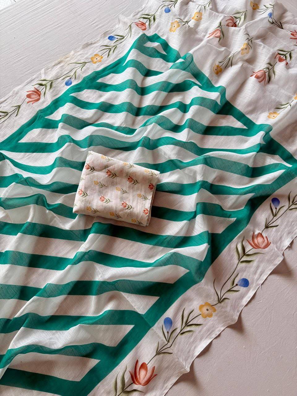     			Arkia Linen Printed Leheriya Saree With Unstitched Blouse Piece ( Light Green )