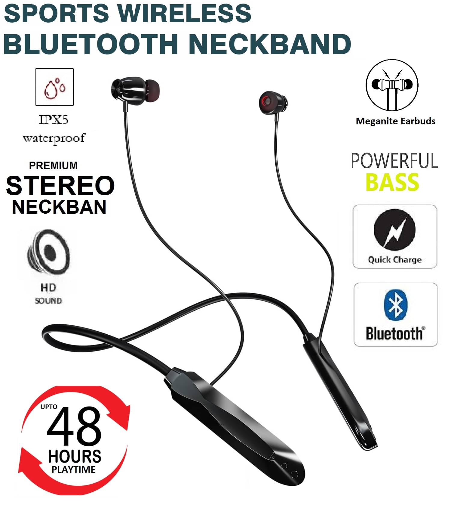     			Bluetooth Neckband Headset with Long Battery Life, HD Sound, Magnetic Earbuds & Comfortable Fit