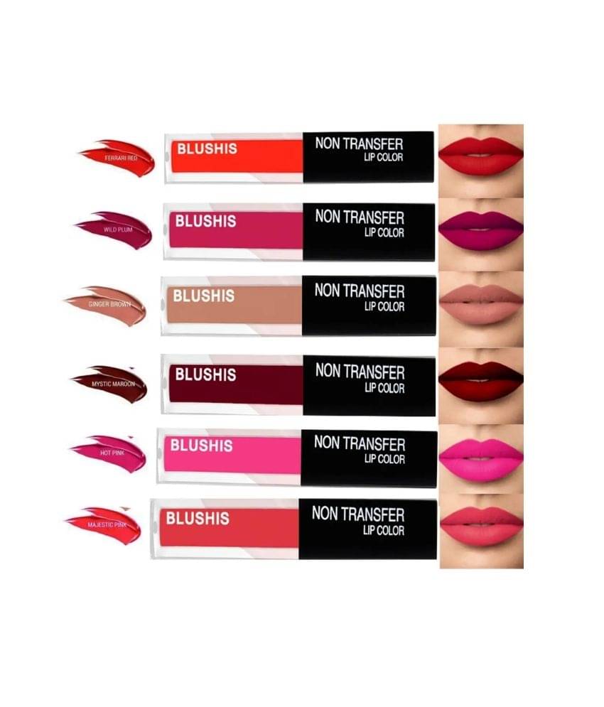     			Blushis Super Stay Matte Liquid Lipstick Combo Pack Of 6 Peice(Multicolour, 16 Ml)