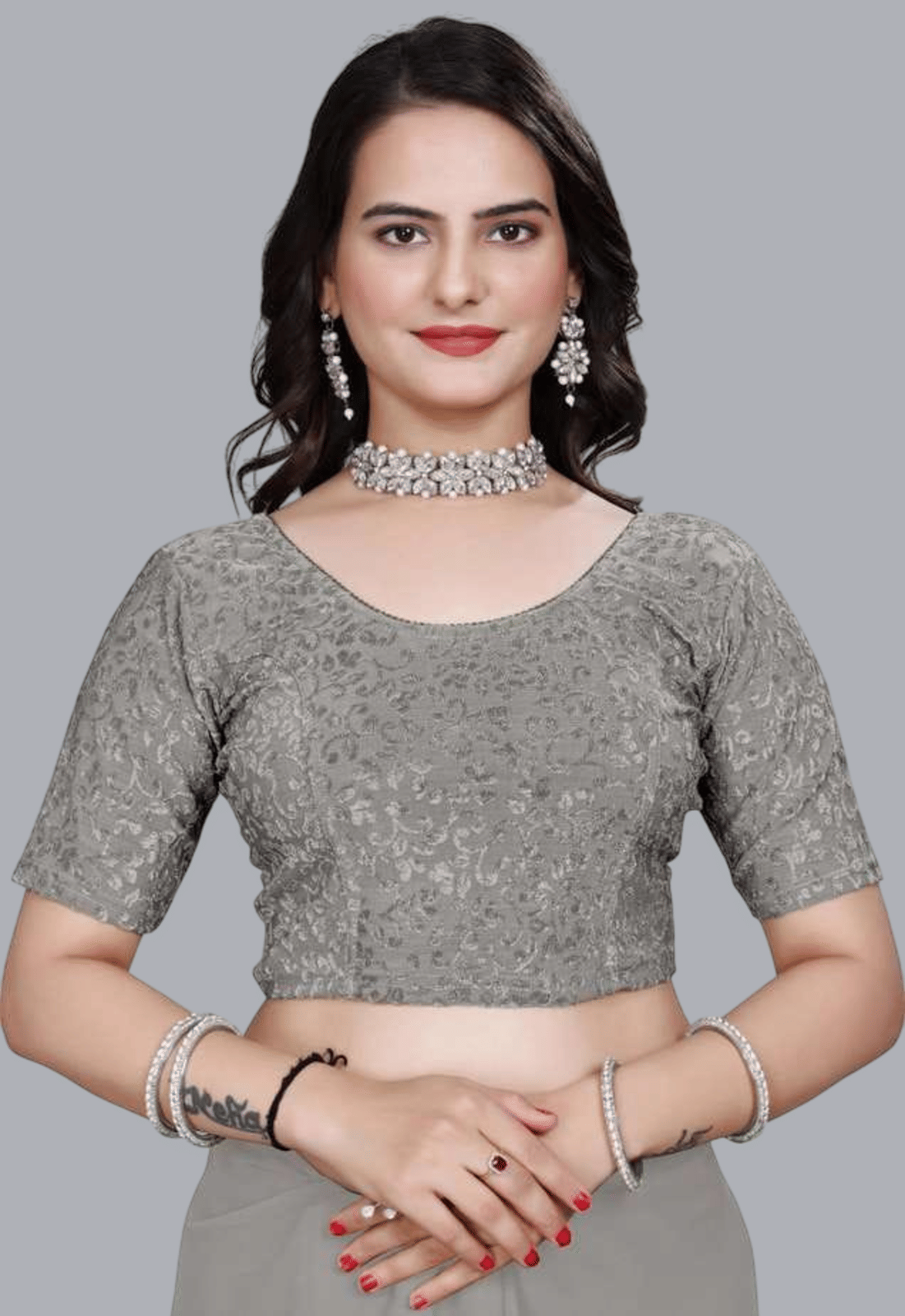     			Bulbul Lycra Readymade without Pad Round Neck Women's Blouse ( Grey )