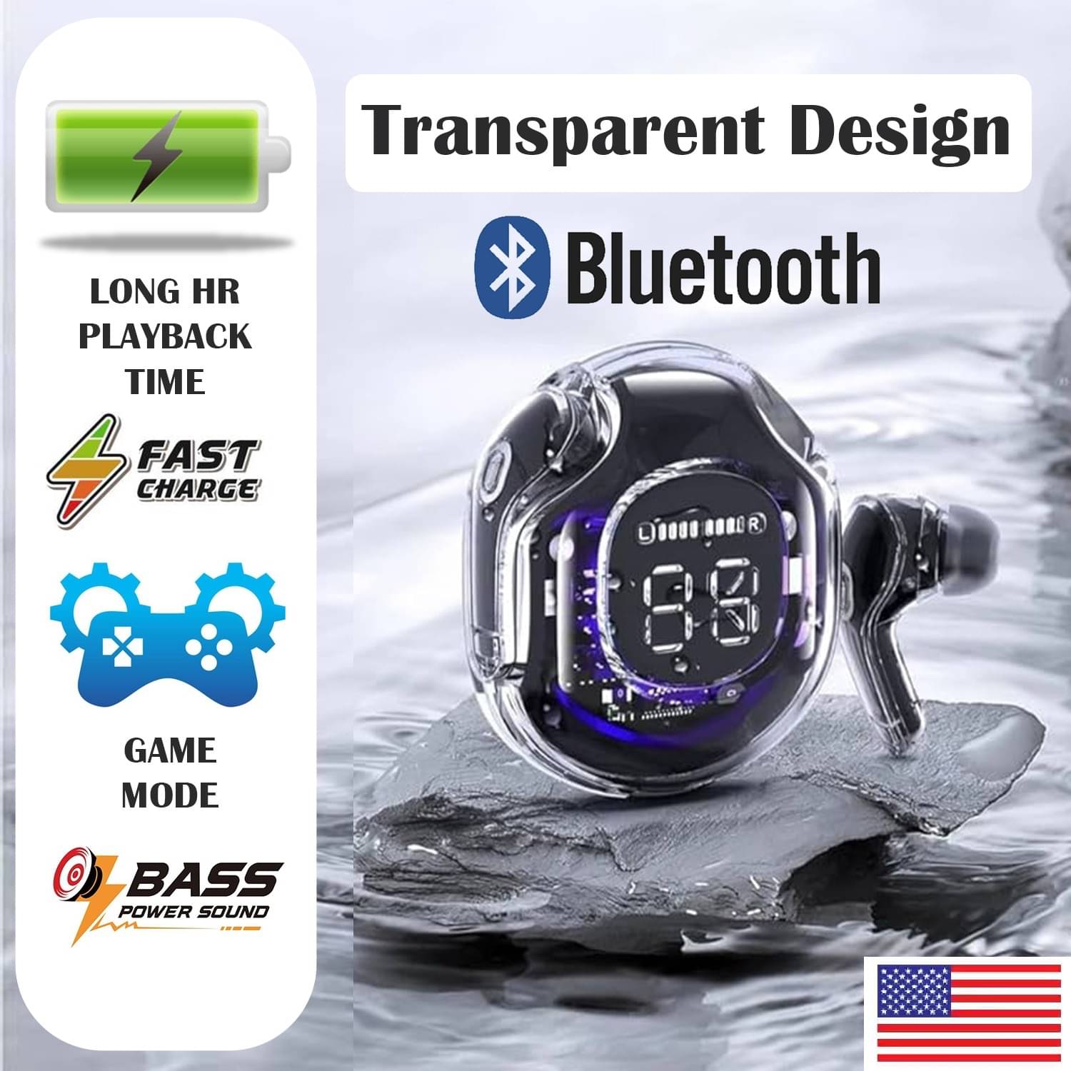     			Clear Design Wireless Earbuds with Digital Battery Indicator, Touch Control, Crystal Clear Calls & Deep Bass