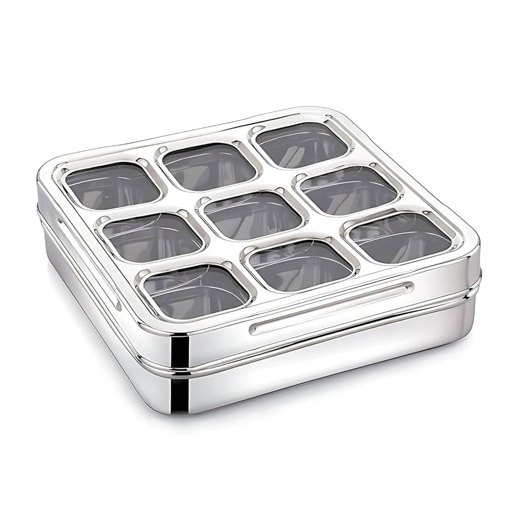     			Dynore Square Spice Box Steel Silver Spice Container ( Set of 1 )