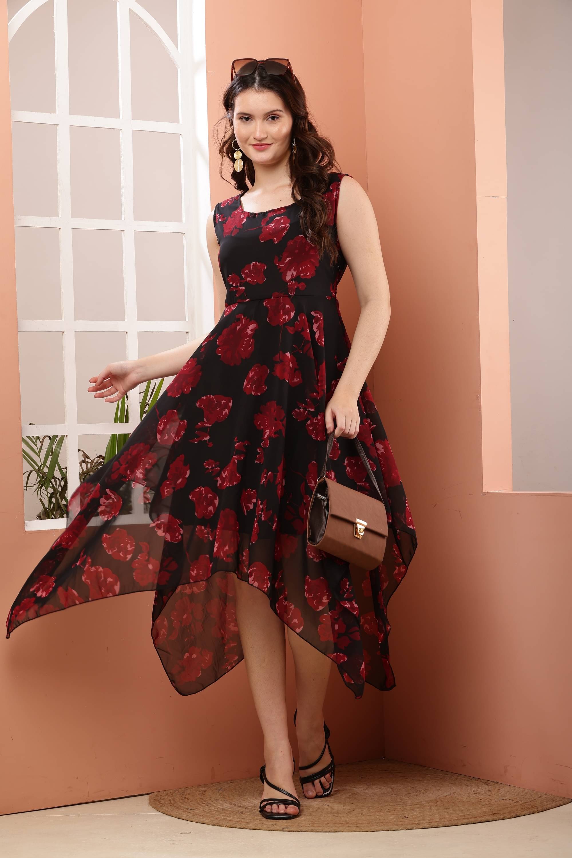 Elizy Women Georgette Printed Asymmetric Dress ( Black ) Elizy Women Georgette Printed Asymmetric Dress ( Black )