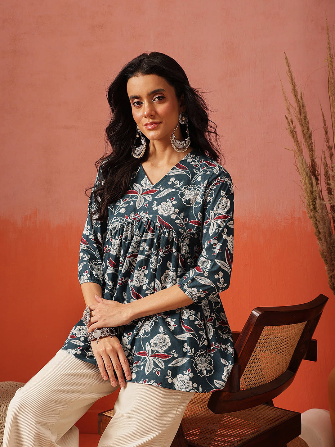 Fembliss Women Cotton Embroidered Flared Kurti ( Teal ) Fembliss Women Cotton Embroidered Flared Kurti ( Teal )