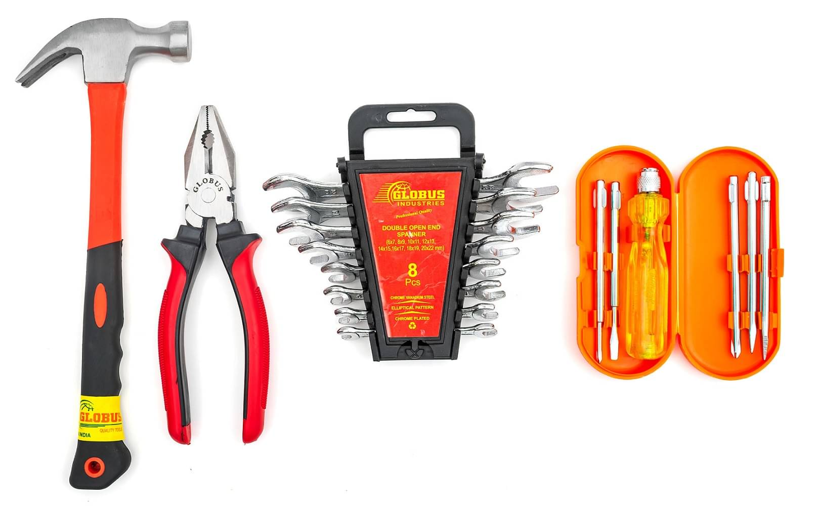     			Globus 1631-Curved Claw Hammer with FIBER GLASS Handle and Rubber SHOCK PROOF Grip (0.40 kg) & Double Sided Open End Wrench SET/8 PCS(6x7mm-20x22mm) & Combination SCREWDRIVER KIT Set/6 WITH TESTER IN BOX &Combination PLIER 8''(200 mm).