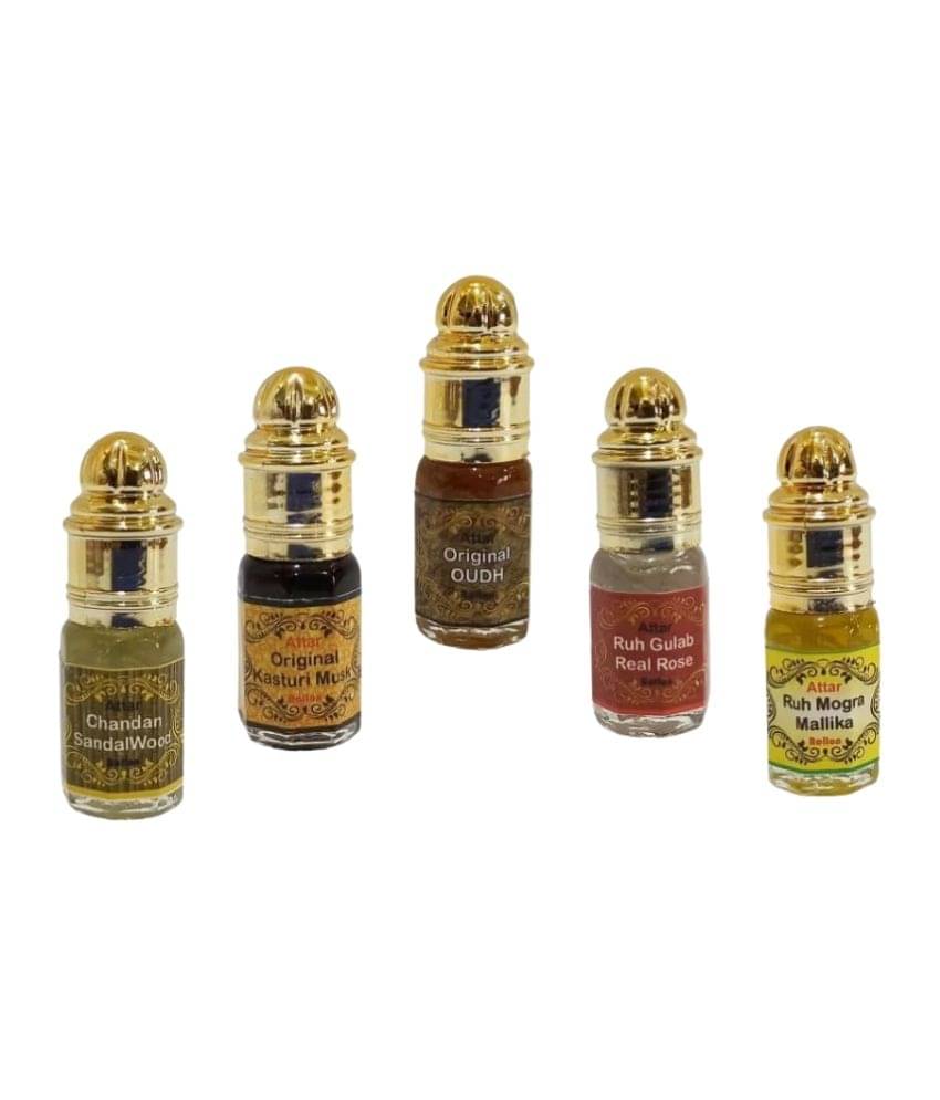     			INDRA SUGANDH BHANDAR Attar Chandan/Sandalwood Kasturi, Oudh, Gulab, Mogra 3ml Rollon 5 Pc. Combo Pack
