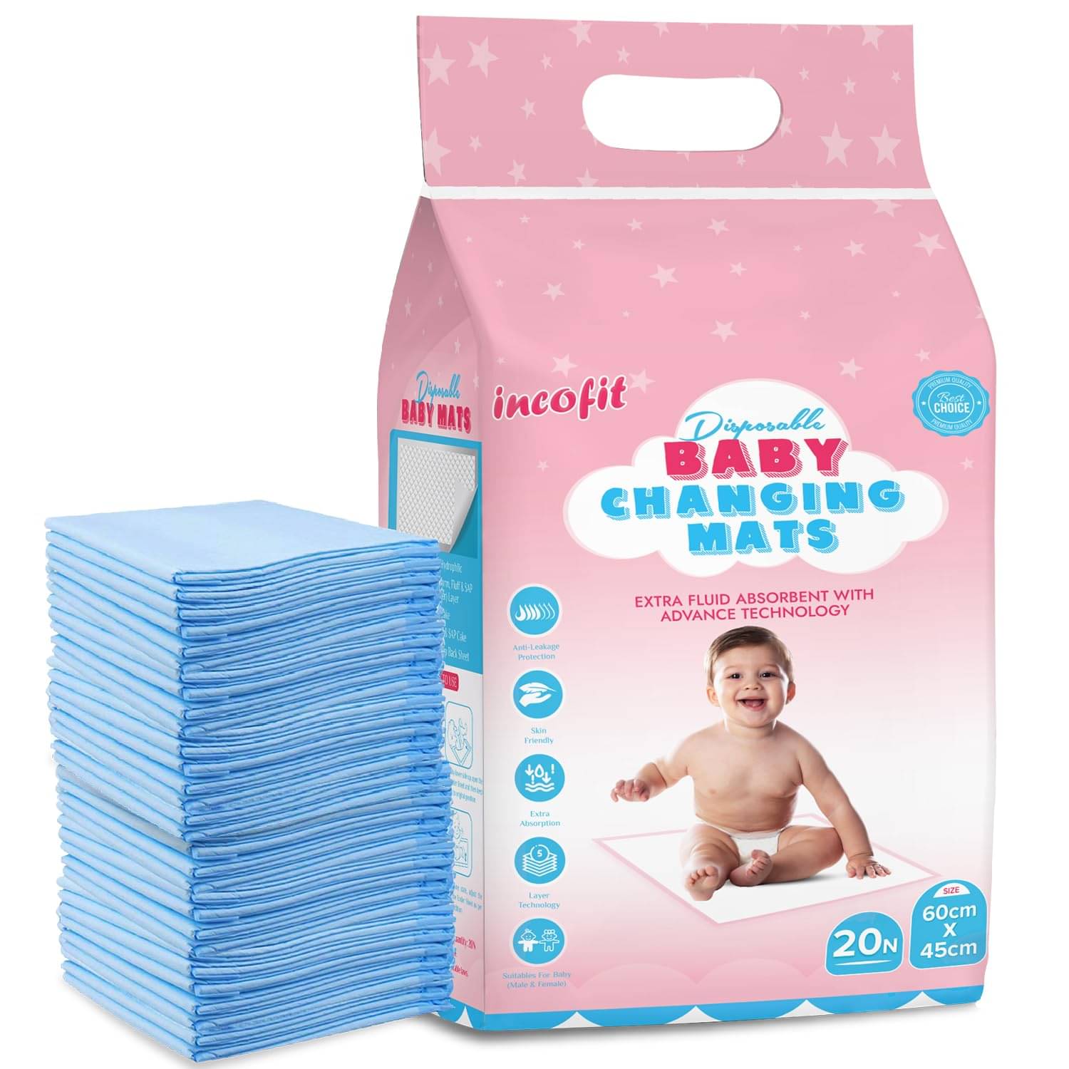 Incofit 20 Count 60 X 45 Cm Baby Disposable Underpad | Changing Mats | Changing Pads | Baby Waterproof Pads | Waterproof Diaper | Breathable Underpads | Bed Protector Incofit 20 Count 60 X 45 Cm Baby Disposable Underpad | Changing Mats | Changing Pads | Baby Waterproof Pads | Waterproof Diaper | Breathable Underpads | Bed Protector