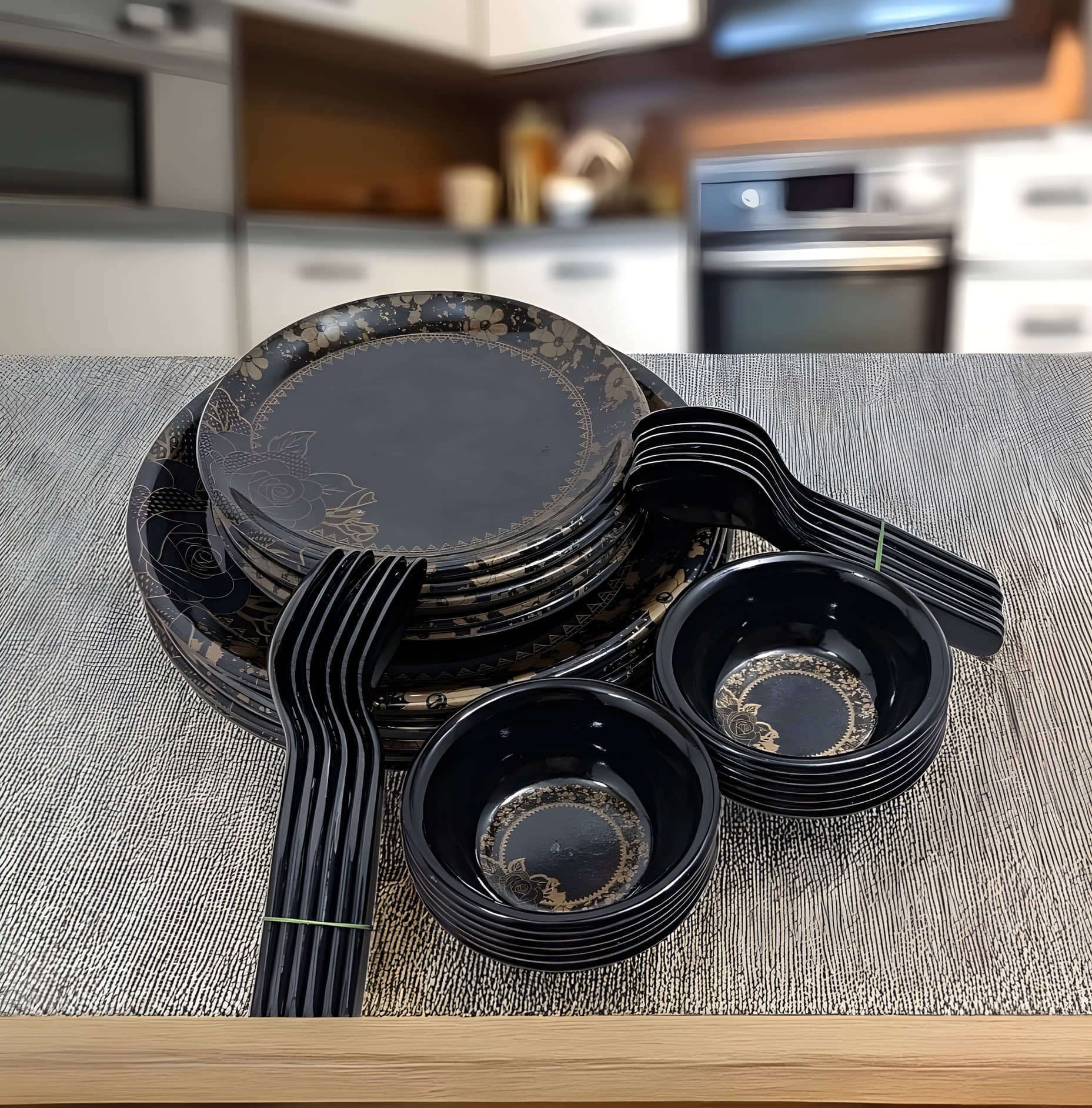 Inpro Kitchen Utensils Set Printed Melamine Dinner Set ( Pack of 36 ) Black