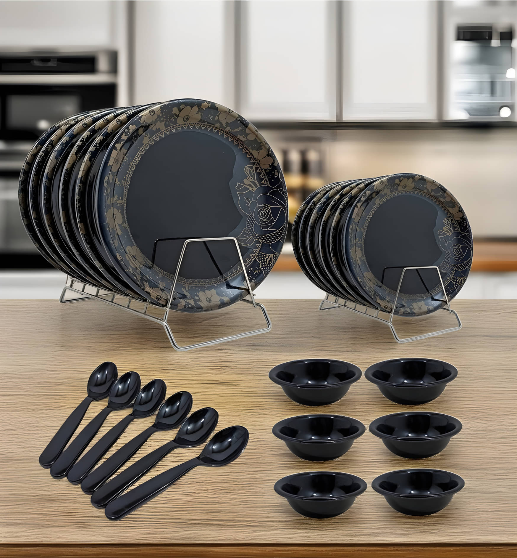     			Inpro Utensils Set for Family Meals! Printed Melamine Dinner Set ( Pack of 18 ) Black