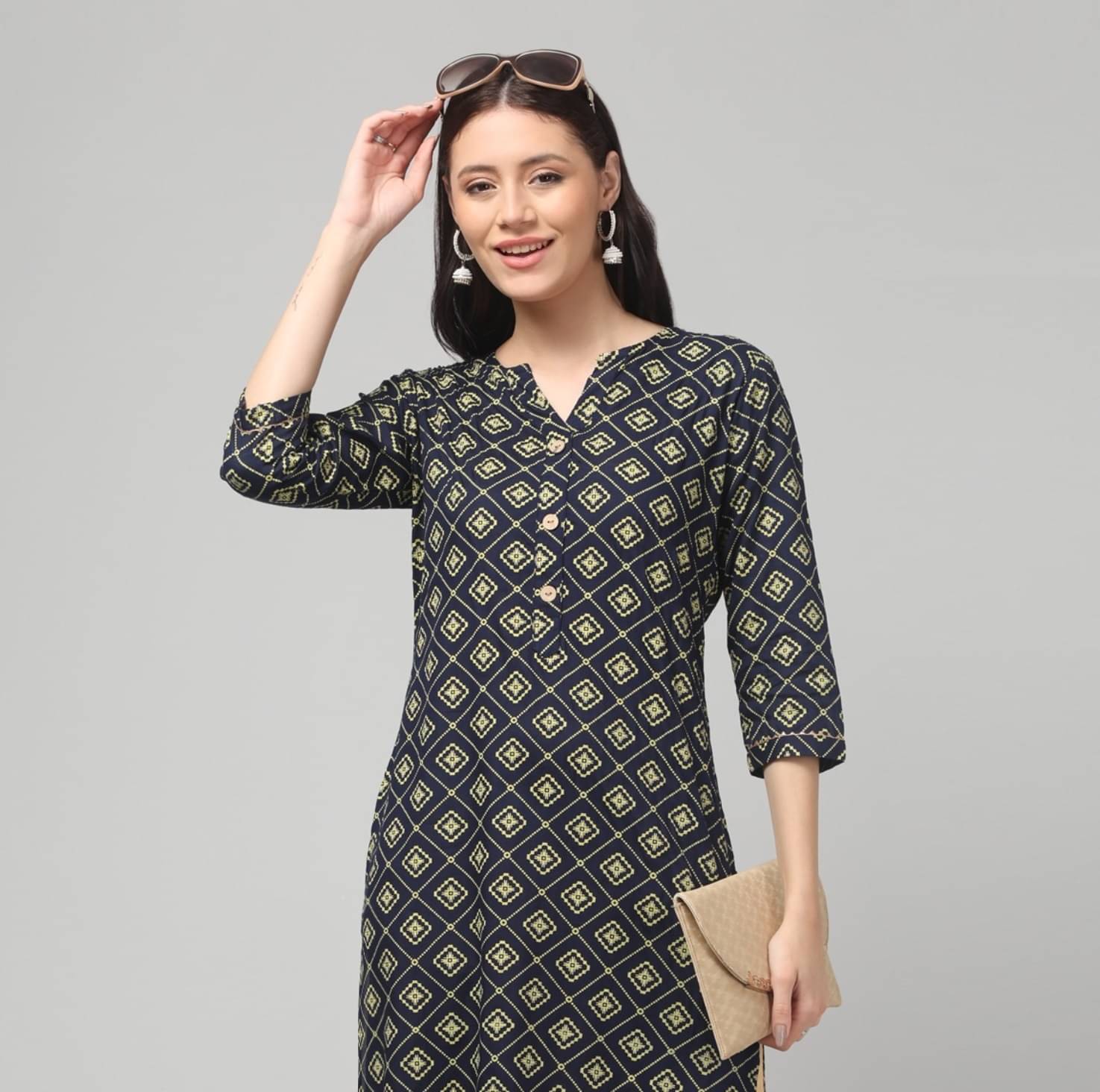     			KRIJAY Women Rayon Printed A-line Kurti ( Navy Blue )