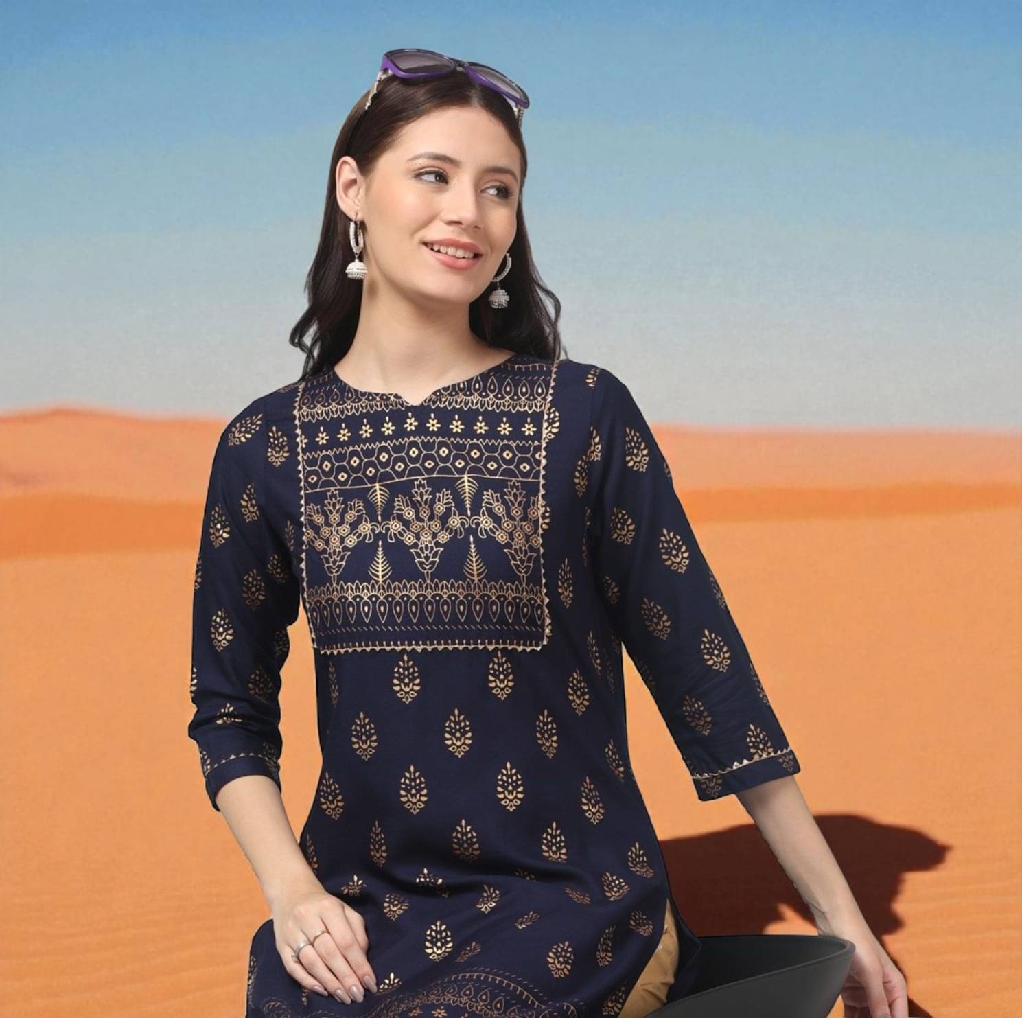 KRIJAY Women Rayon Printed A-line Kurti ( Navy Blue ) KRIJAY Women Rayon Printed A-line Kurti ( Navy Blue )