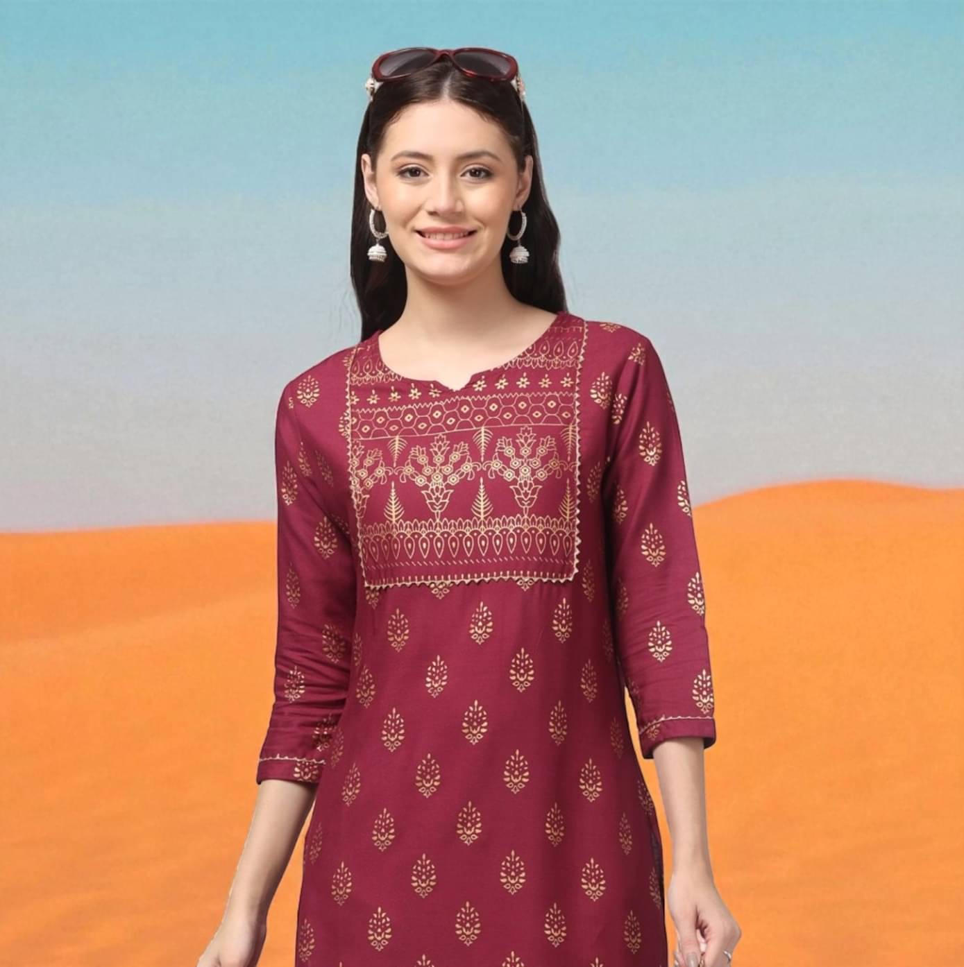 KRIJAY Women Rayon Printed A-line Kurti ( Maroon ) KRIJAY Women Rayon Printed A-line Kurti ( Maroon )