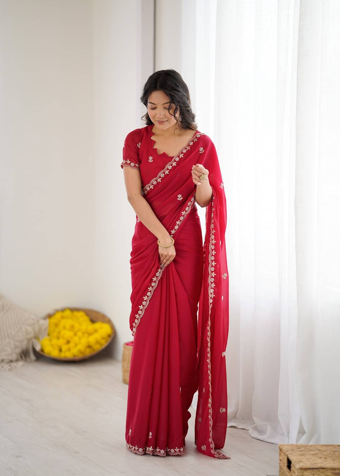KRISHU ETHNICS Georgette Embellished Regular Saree With Unstitched Blouse Piece ( Pink ) KRISHU ETHNICS Georgette Embellished Regular Saree With Unstitched Blouse Piece ( Pink )