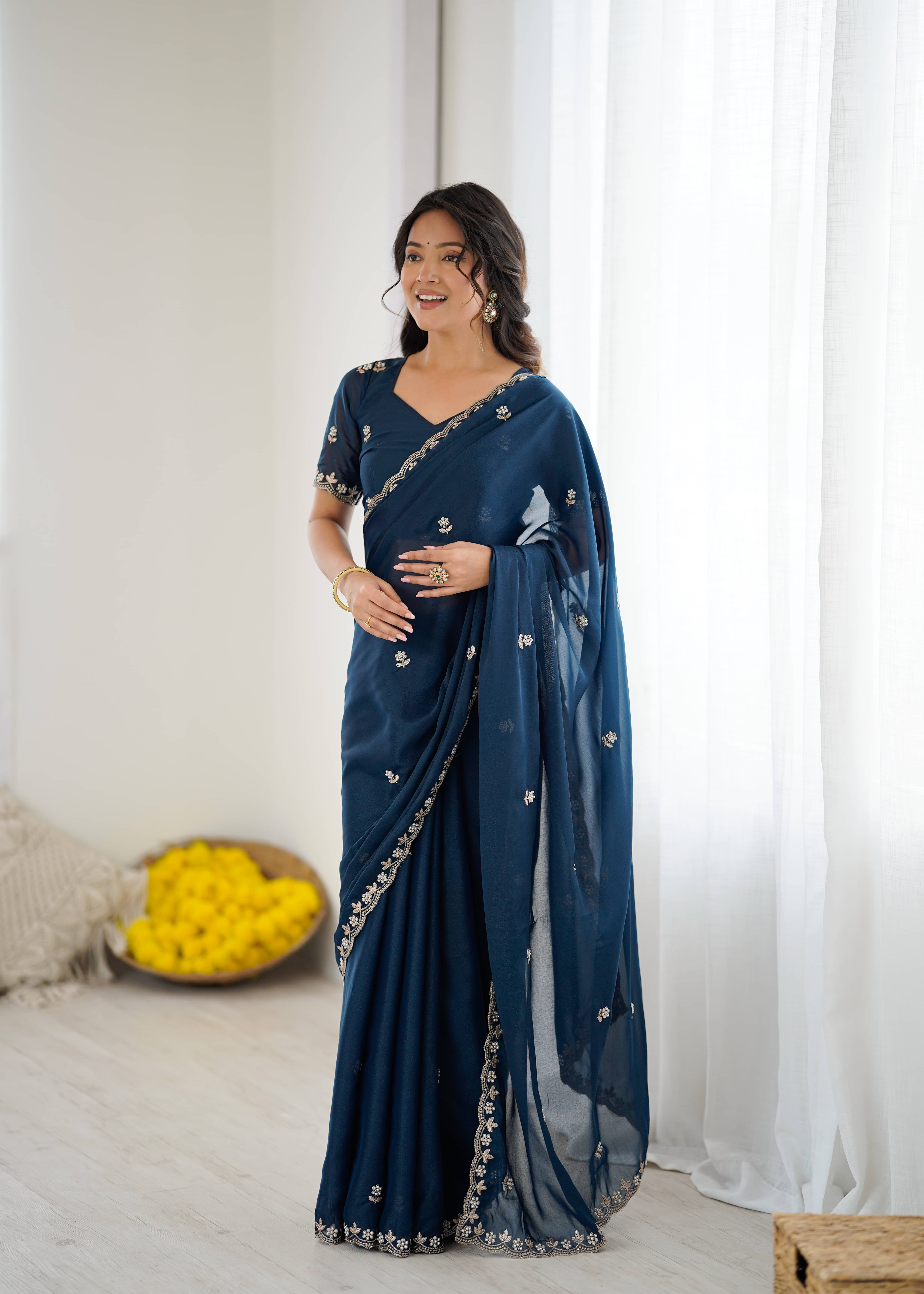     			KRISHU ETHNICS Georgette Embellished Regular Saree With Unstitched Blouse Piece ( Teal )