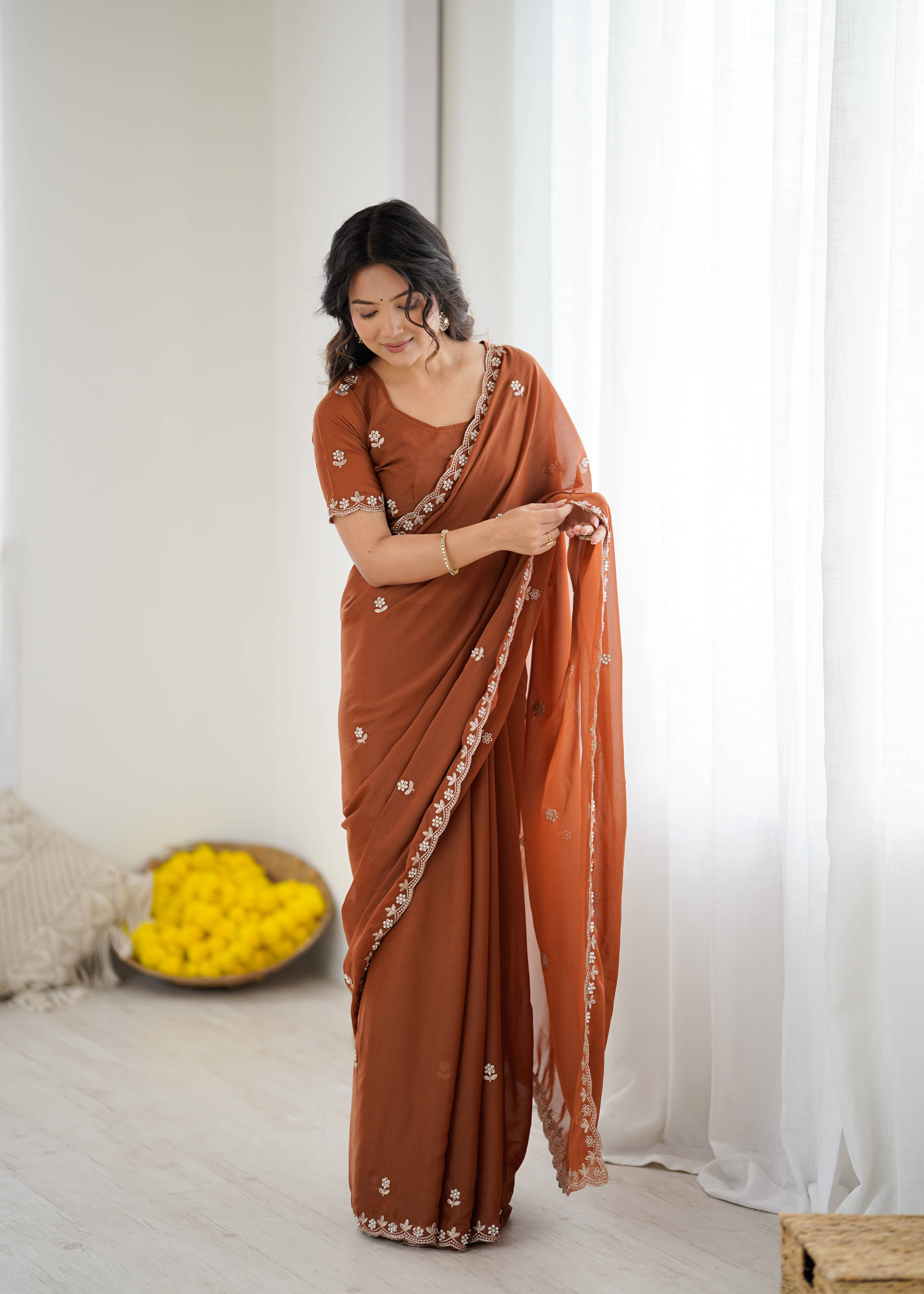     			KRISHU ETHNICS Georgette Embellished Regular Saree With Unstitched Blouse Piece ( Brown )