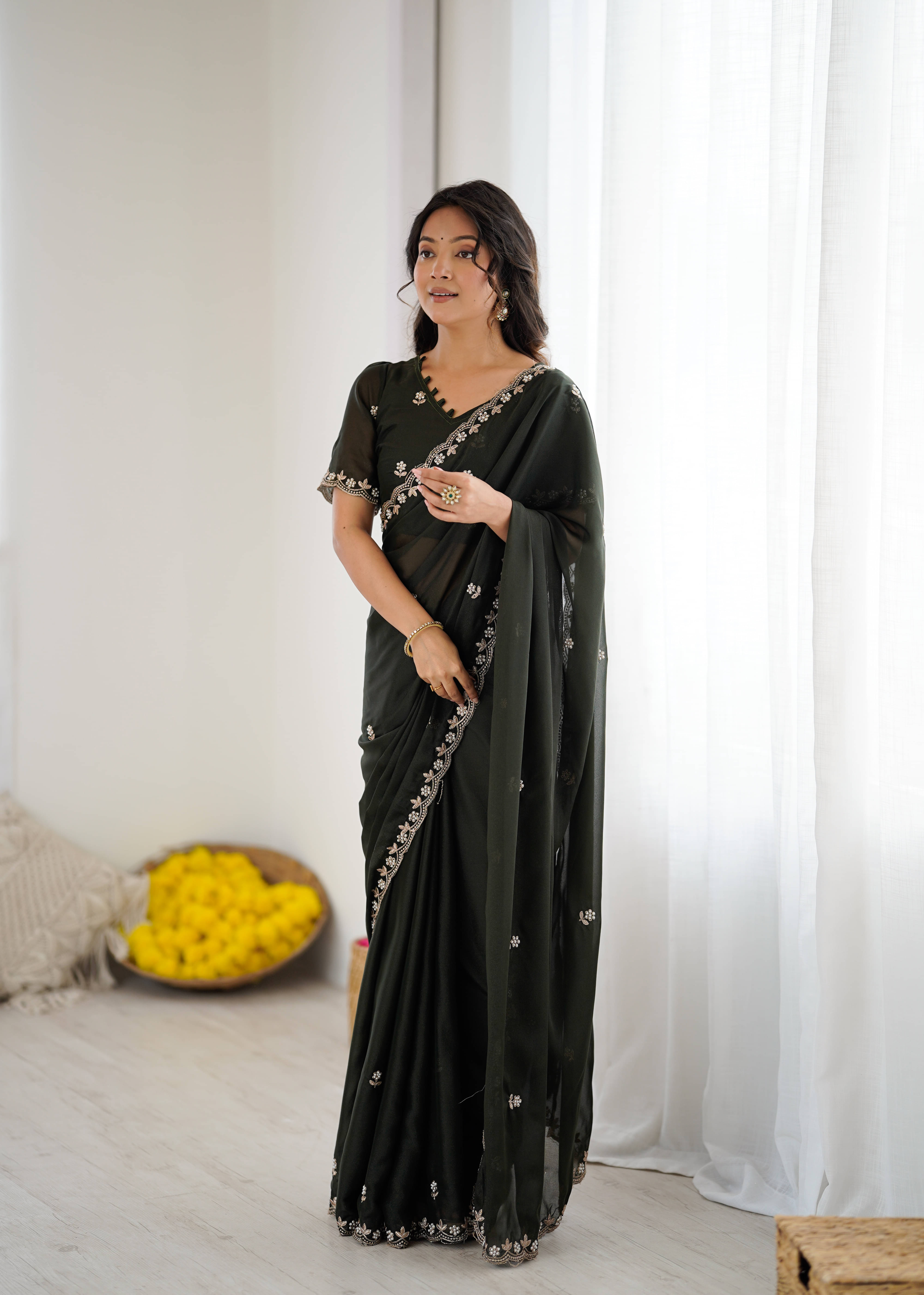     			KRISHU ETHNICS Georgette Embellished Regular Saree With Unstitched Blouse Piece ( Lime Green )