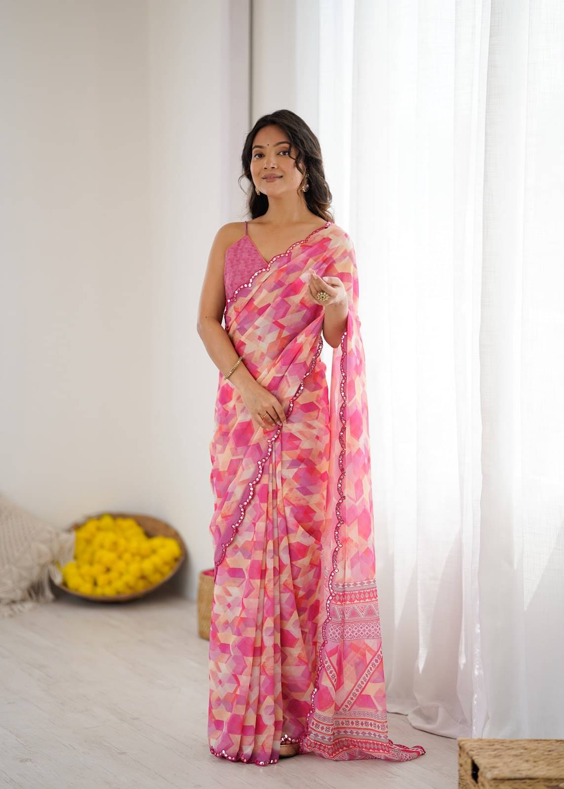 KRISHU ETHNICS Georgette Printed Regular Saree With Unstitched Blouse Piece ( Pink )     			KRISHU ETHNICS Georgette Printed Regular Saree With Unstitched Blouse Piece ( Pink )