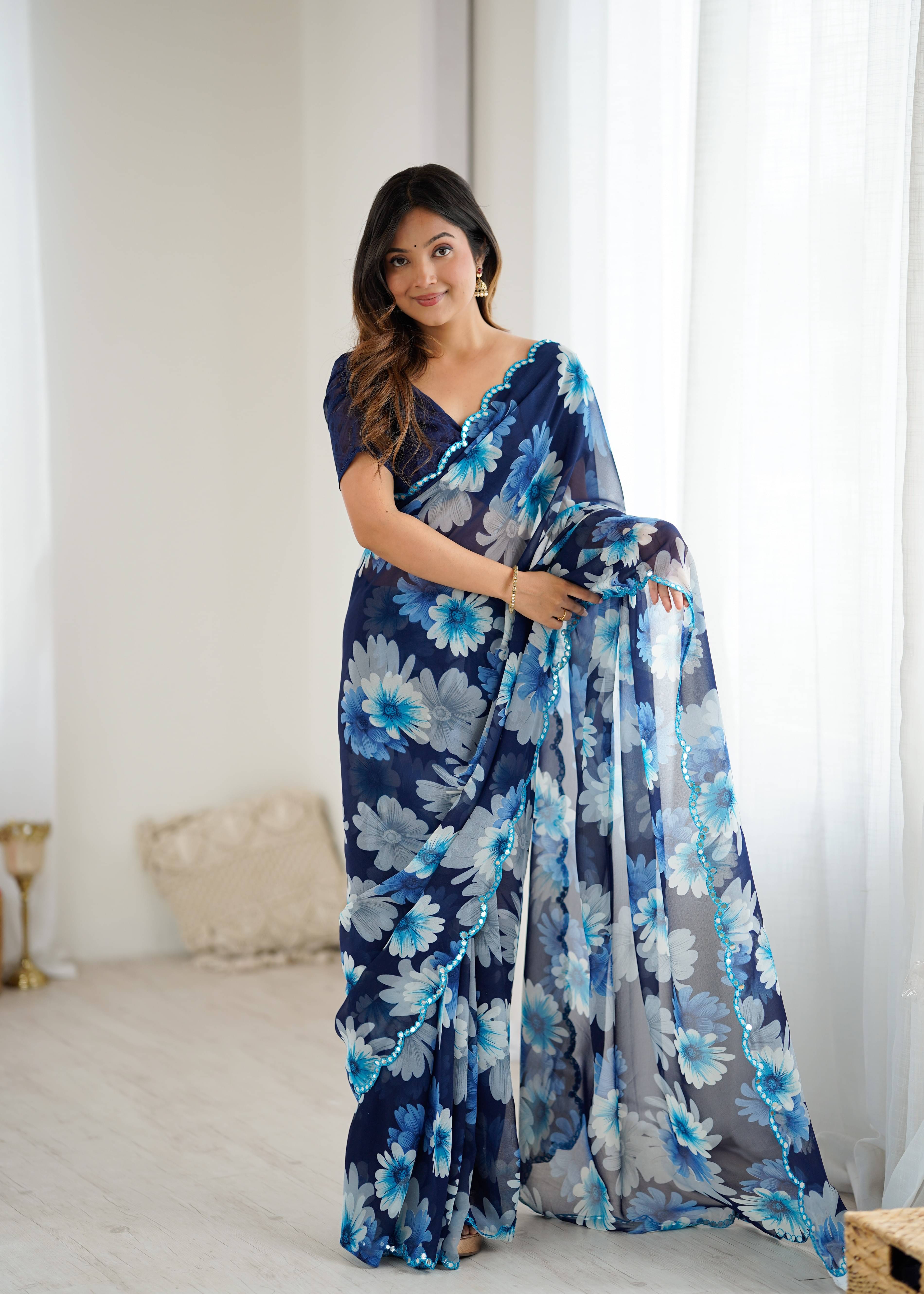     			KRISHU ETHNICS Georgette Printed Regular Saree With Unstitched Blouse Piece ( Blue )