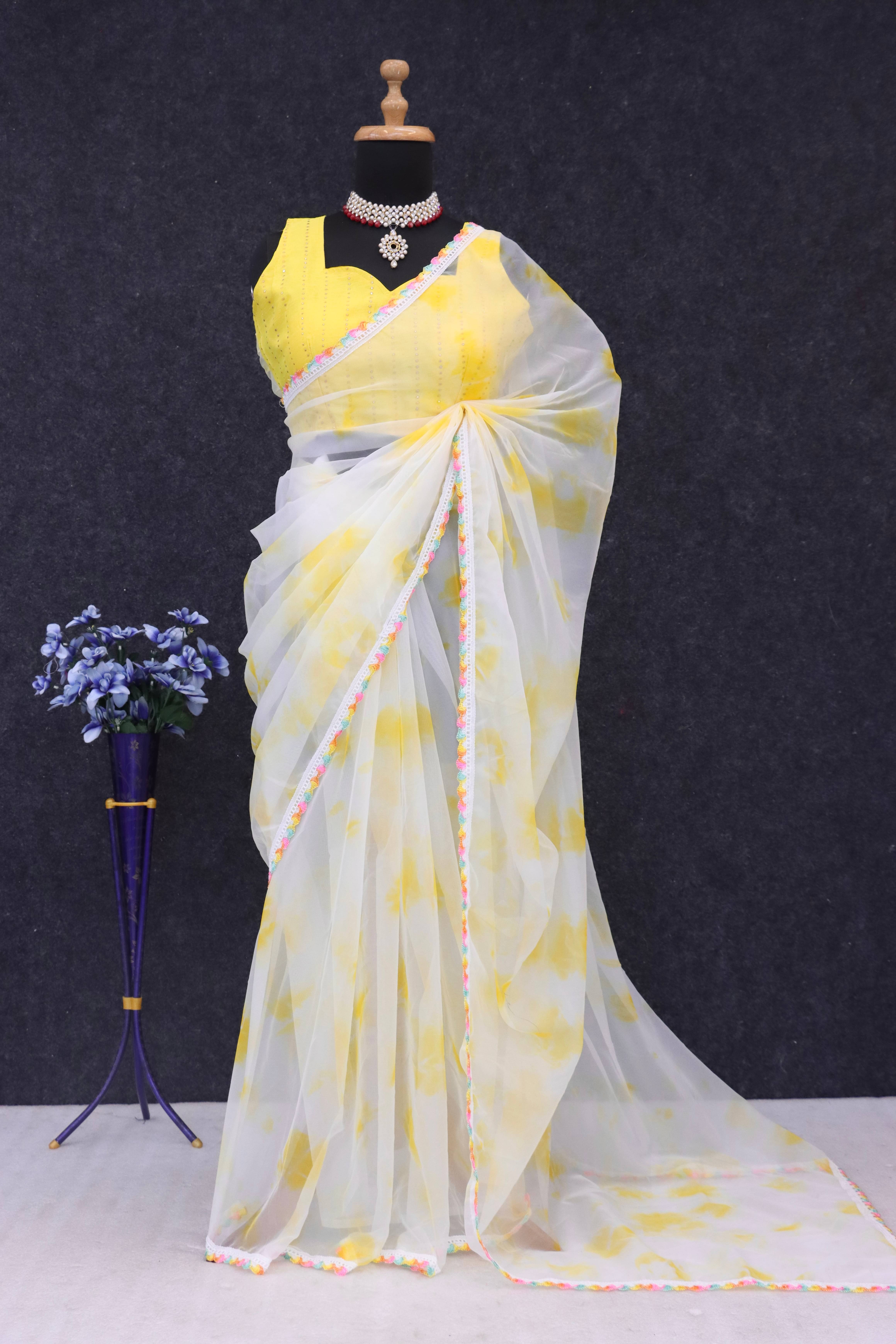     			KRISHU ETHNICS Organza Printed Regular Saree With Stitched Blouse ( Yellow )