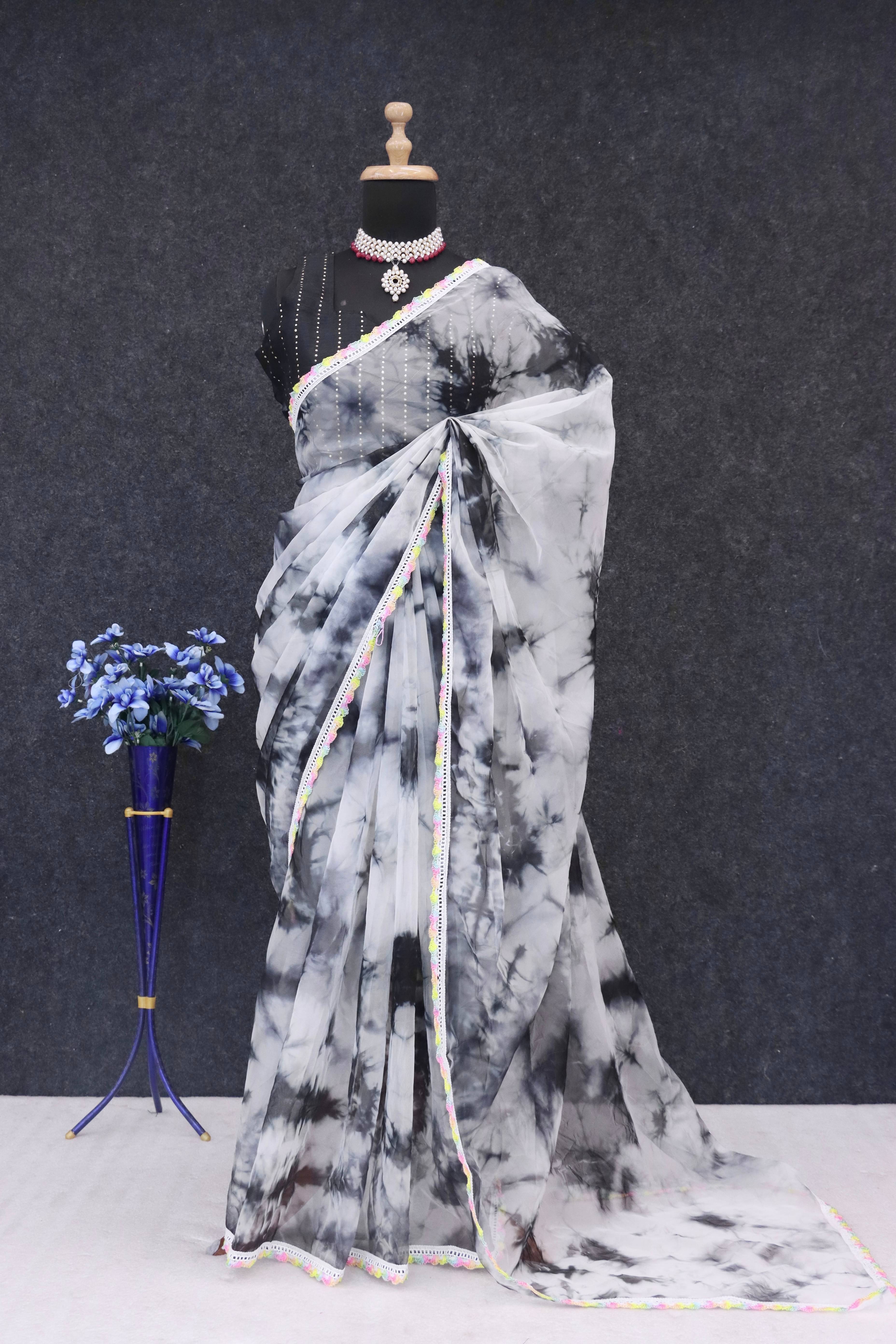     			KRISHU ETHNICS Organza Printed Regular Saree With Stitched Blouse ( Black )