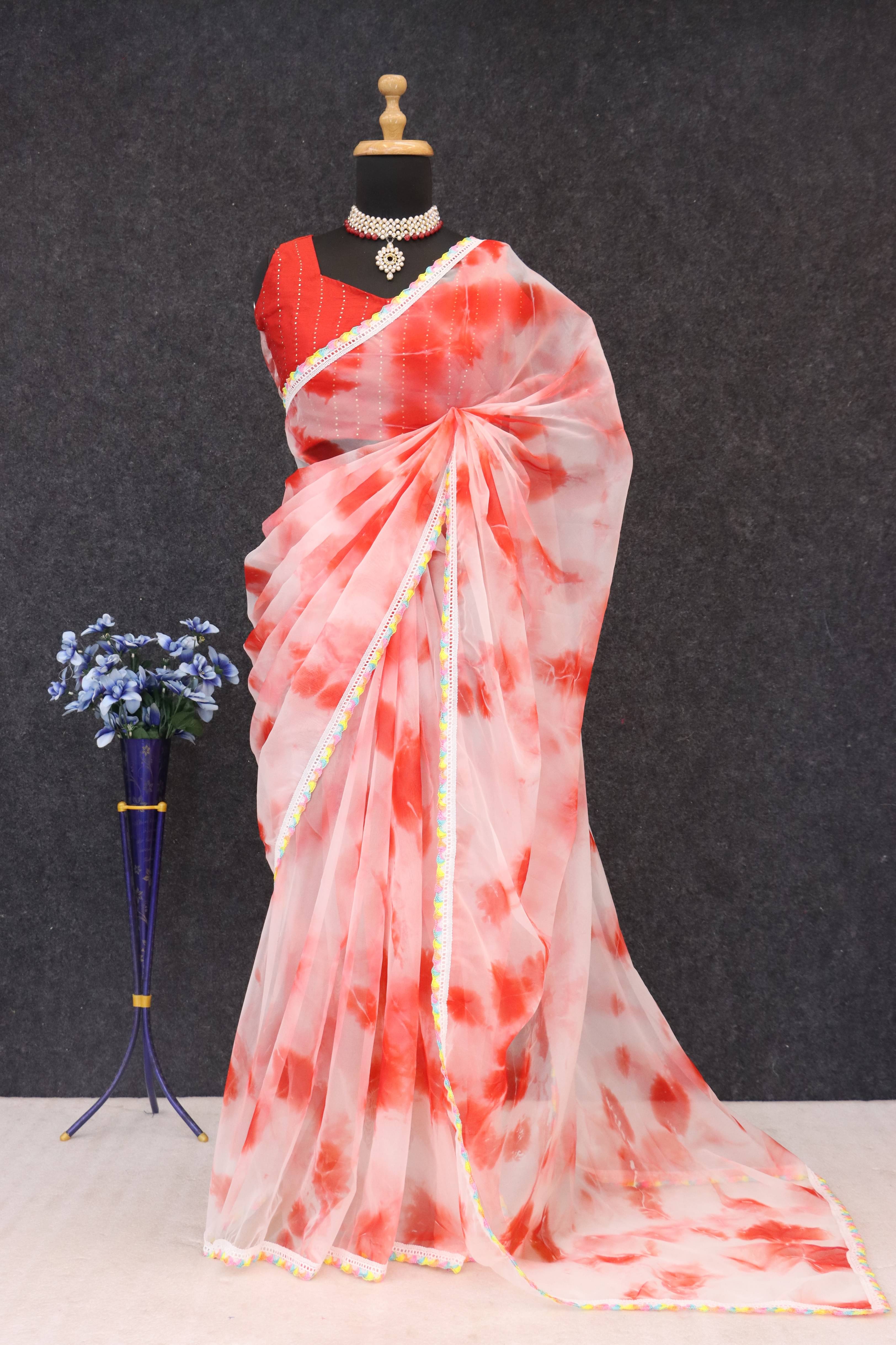     			KRISHU ETHNICS Organza Printed Regular Saree With Stitched Blouse ( Red )