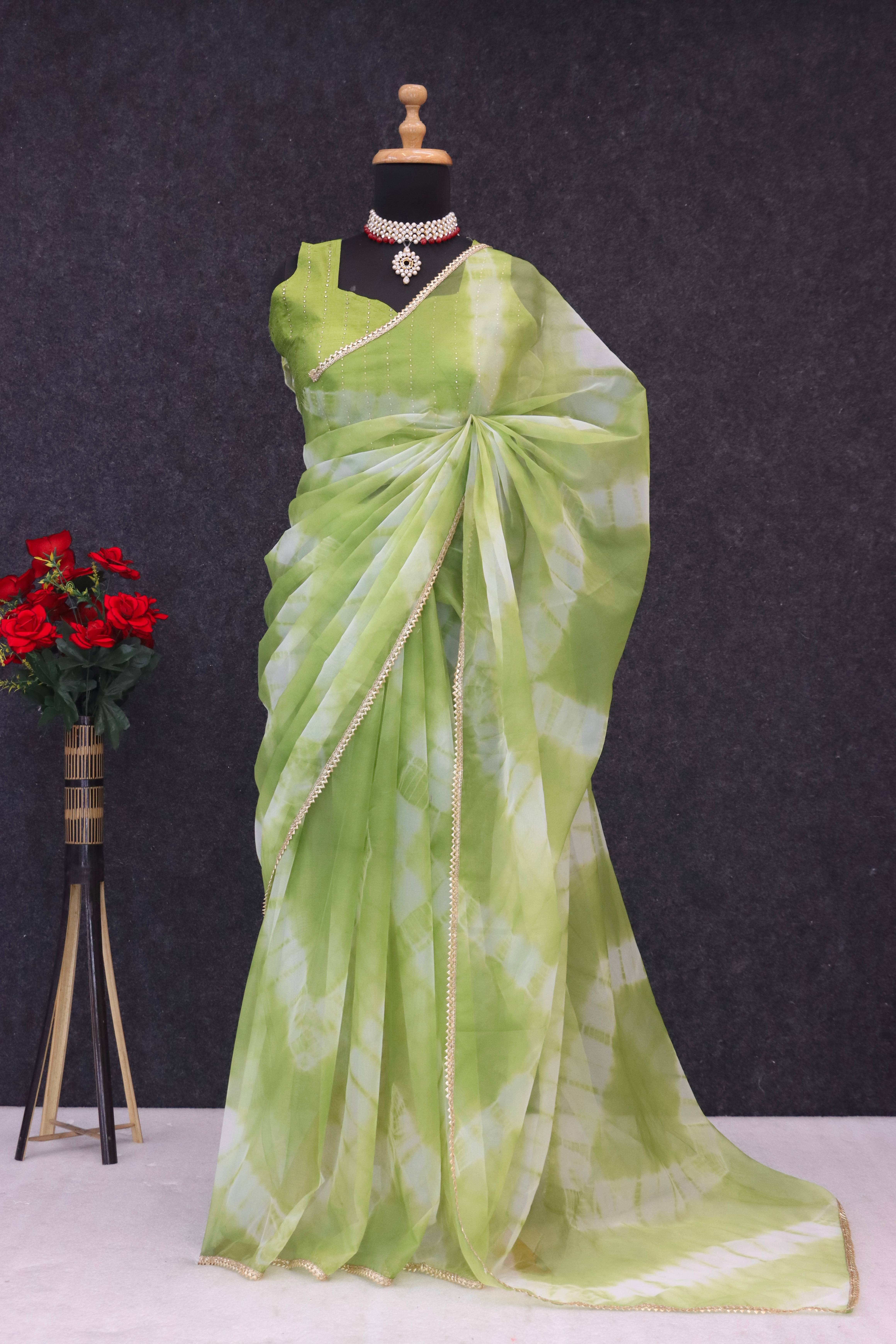     			KRISHU ETHNICS Organza Printed Regular Saree With Stitched Blouse ( Green )