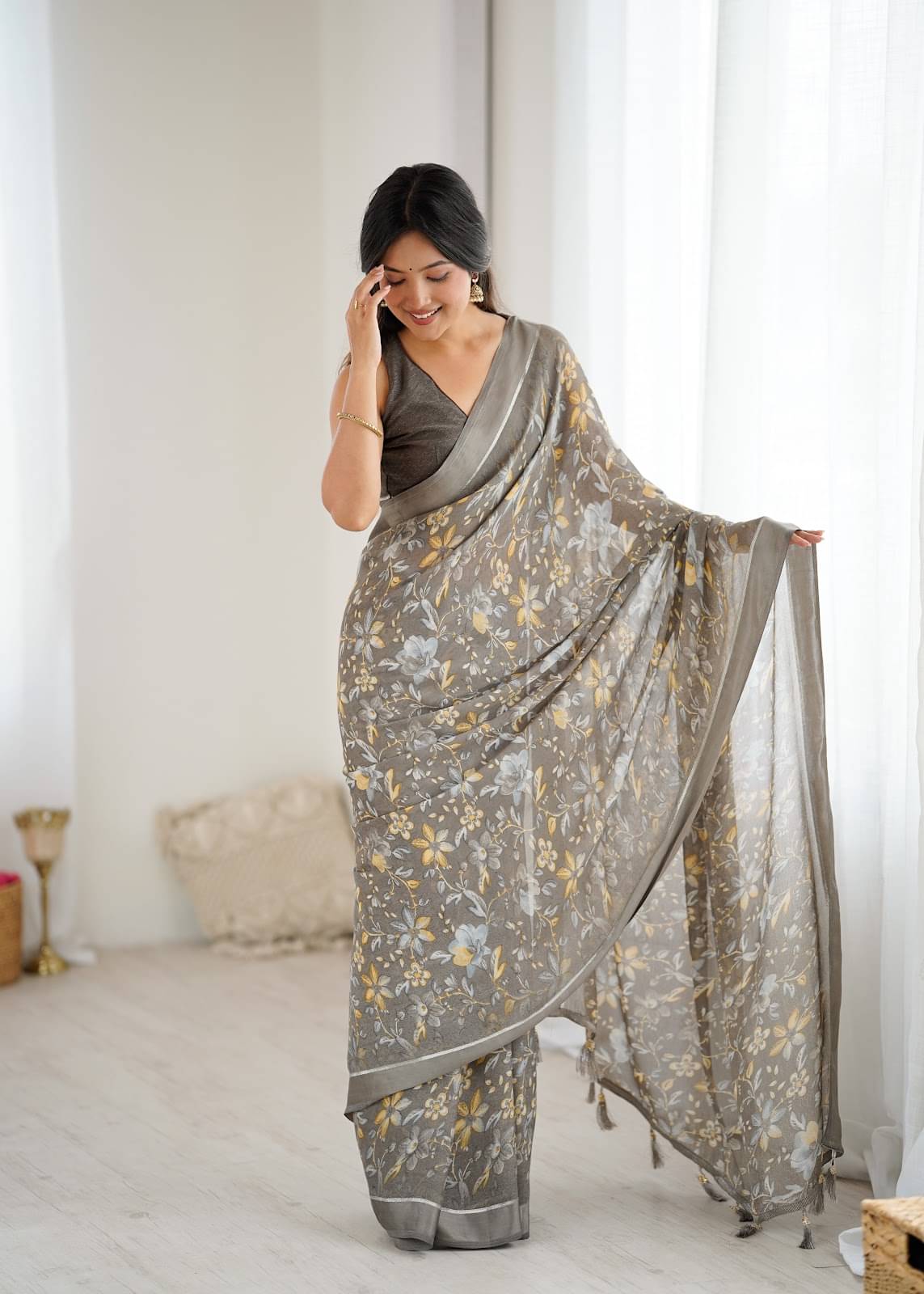     			KRISHU ETHNICS Satin Printed Regular Saree With Unstitched Blouse Piece ( Grey )