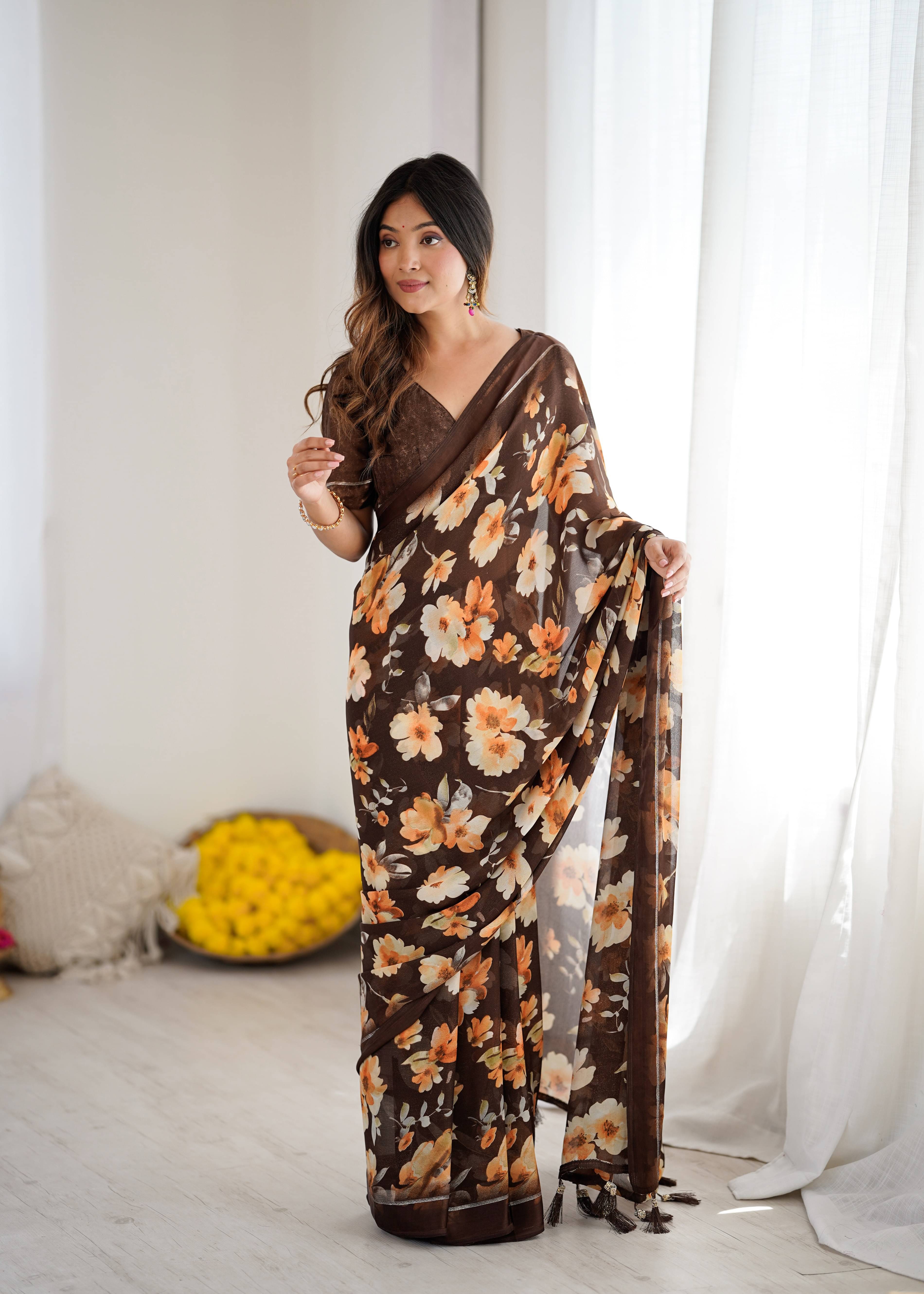 KRISHU ETHNICS Satin Printed Regular Saree With Unstitched Blouse Piece ( Brown )     			KRISHU ETHNICS Satin Printed Regular Saree With Unstitched Blouse Piece ( Brown )