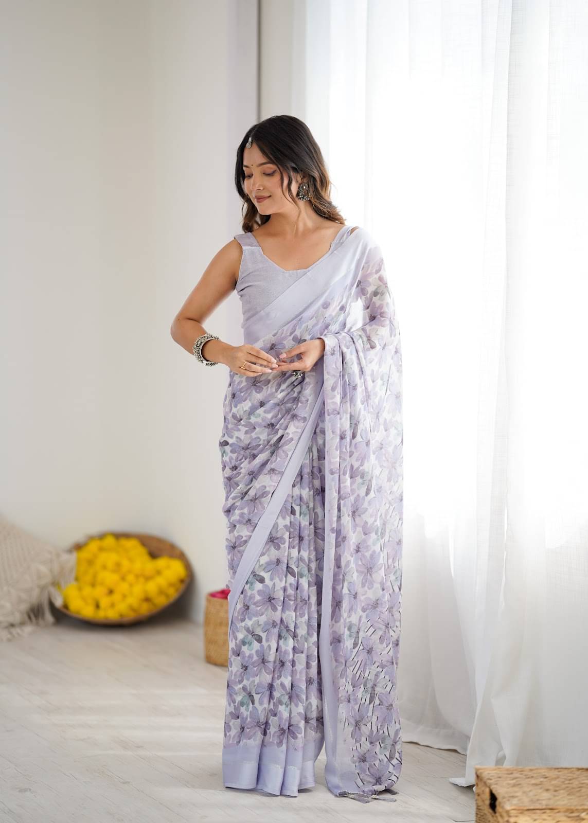     			KRISHU ETHNICS Satin Printed Regular Saree With Unstitched Blouse Piece ( Purple )