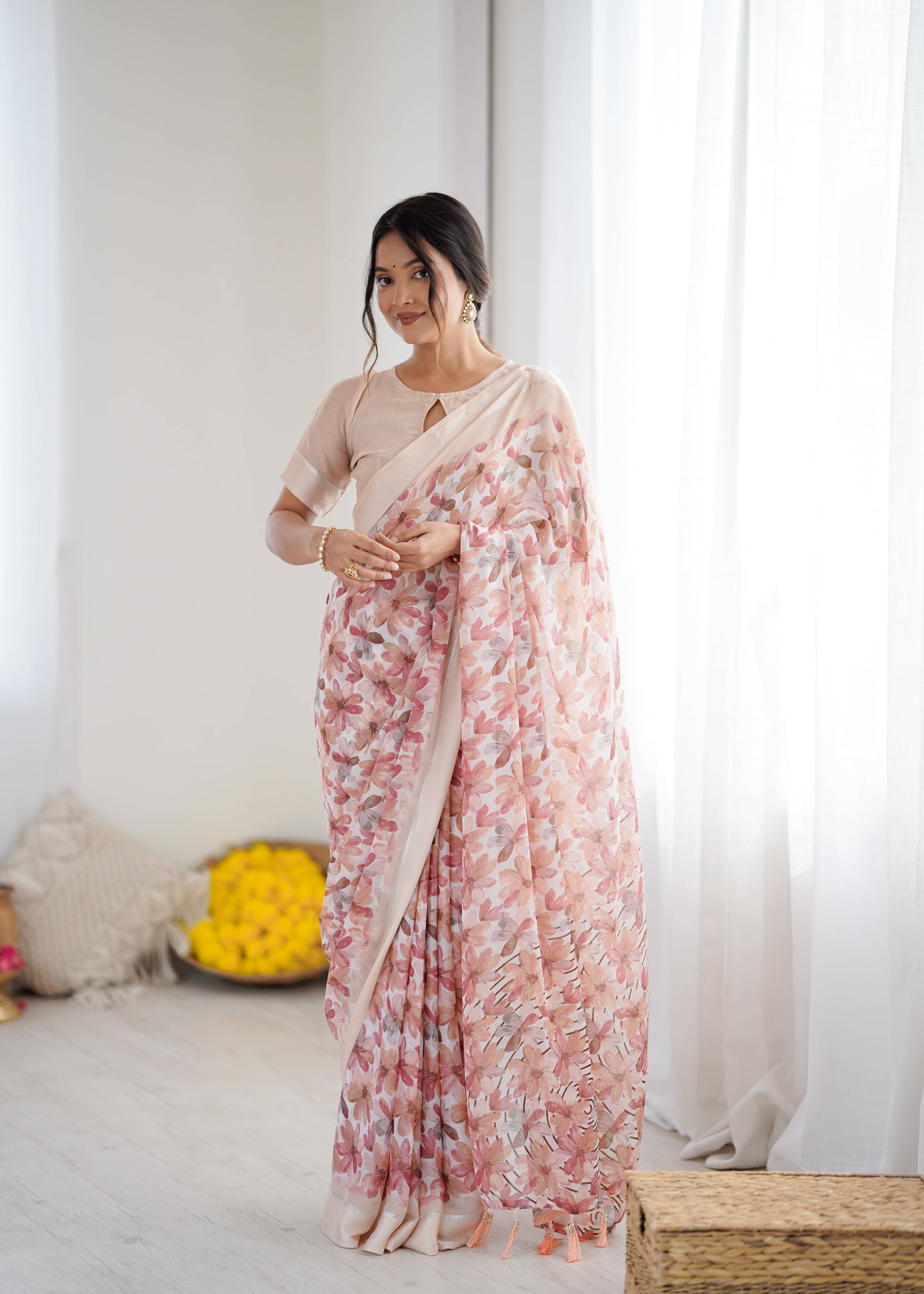     			KRISHU ETHNICS Satin Printed Regular Saree With Unstitched Blouse Piece ( Peach )