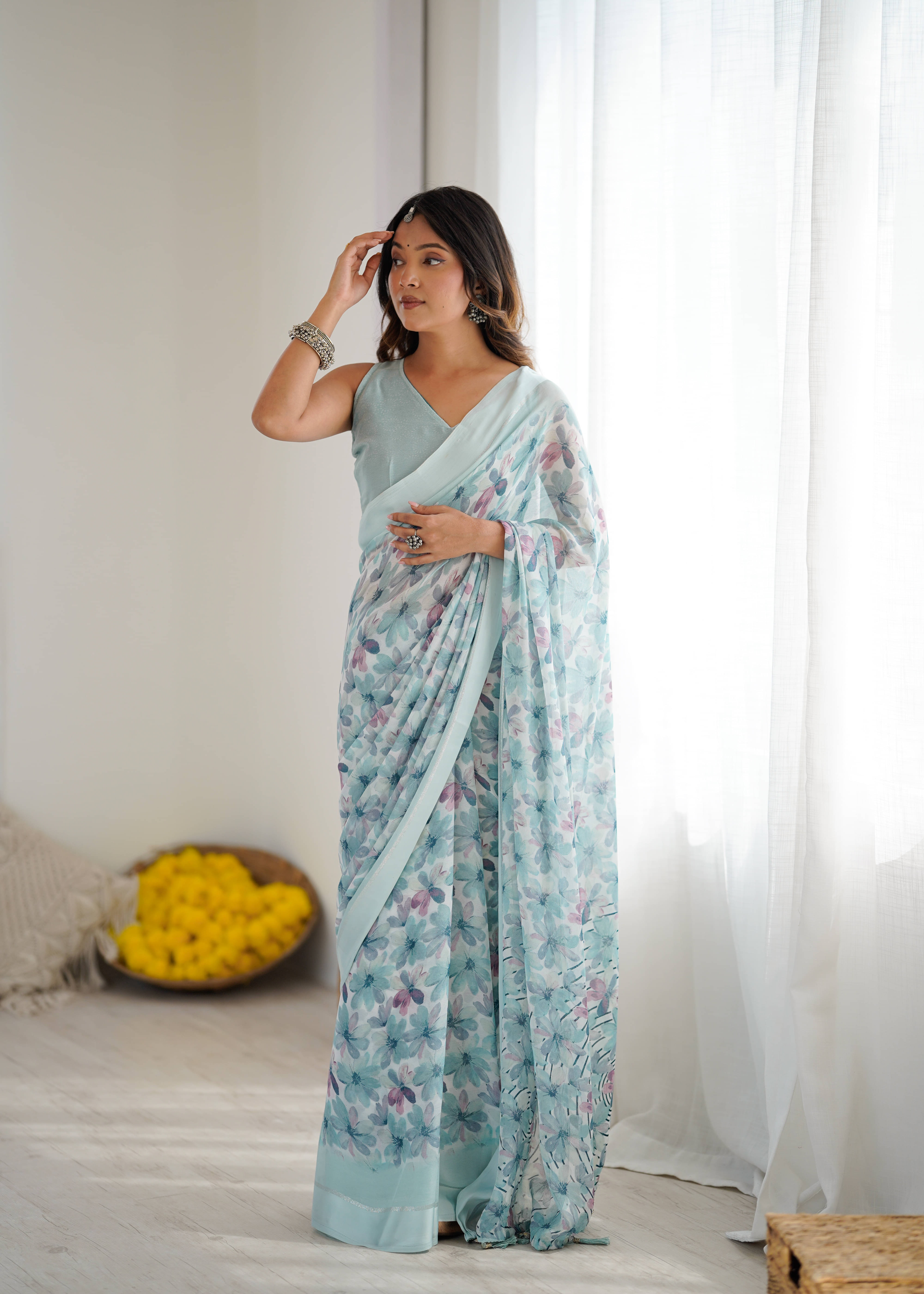 KRISHU ETHNICS Satin Printed Regular Saree With Unstitched Blouse Piece ( Blue ) KRISHU ETHNICS Satin Printed Regular Saree With Unstitched Blouse Piece ( Blue )