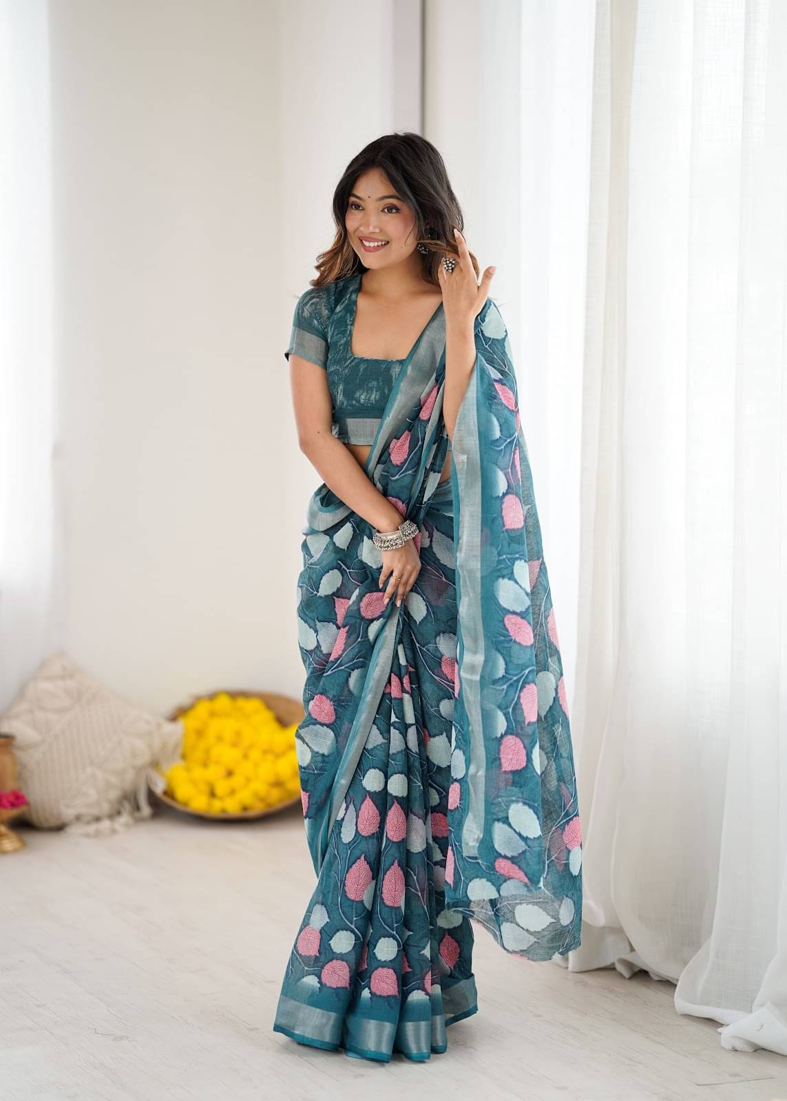 KRISHU ETHNICS Satin Printed Regular Saree With Unstitched Blouse Piece ( Rama ) KRISHU ETHNICS Satin Printed Regular Saree With Unstitched Blouse Piece ( Rama )