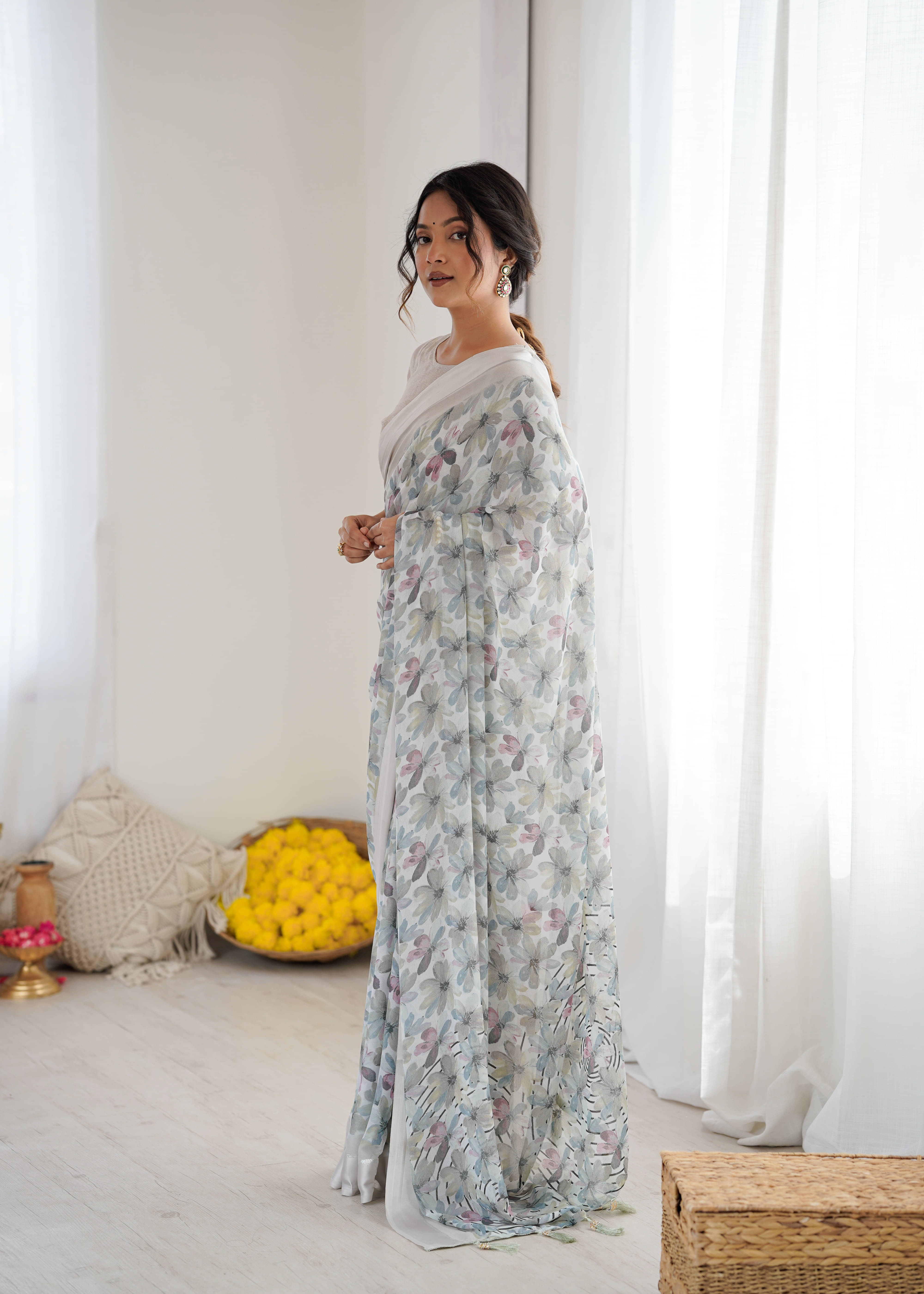     			KRISHU ETHNICS Satin Printed Regular Saree With Unstitched Blouse Piece ( Grey )