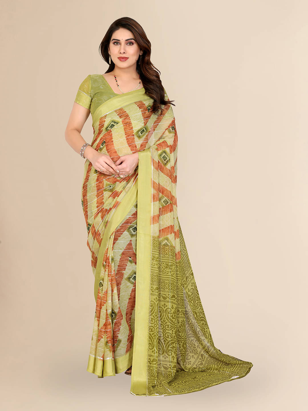     			Kashvi Sarees Georgette Printed Kasavu Saree With Unstitched Blouse Piece ( GREEN )