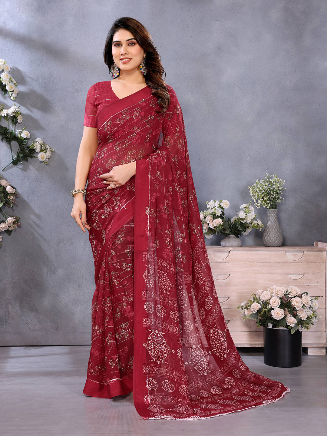     			Kashvi Sarees Georgette Printed Kasavu Saree With Unstitched Blouse Piece ( MAROON )
