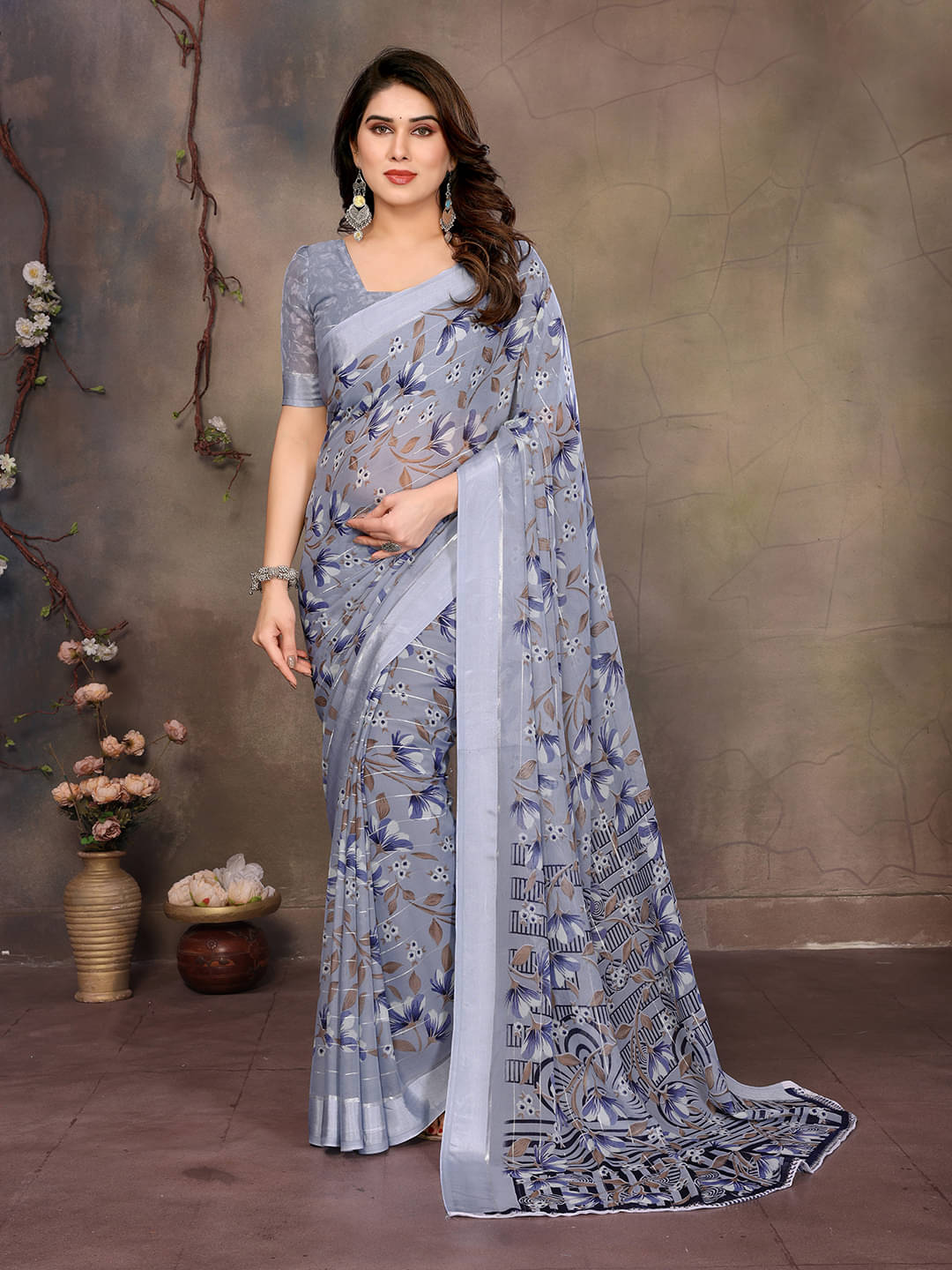     			Kashvi Sarees Georgette Printed Kasavu Saree With Unstitched Blouse Piece ( GREY )