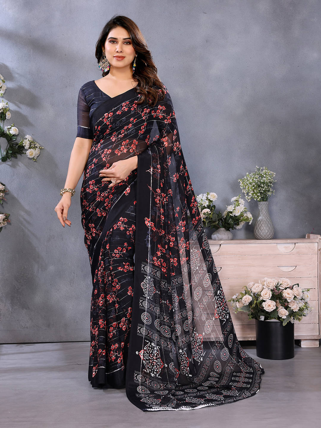 Kashvi Sarees Georgette Printed Kasavu Saree With Unstitched Blouse Piece ( BLACK ) Kashvi Sarees Georgette Printed Kasavu Saree With Unstitched Blouse Piece ( BLACK )